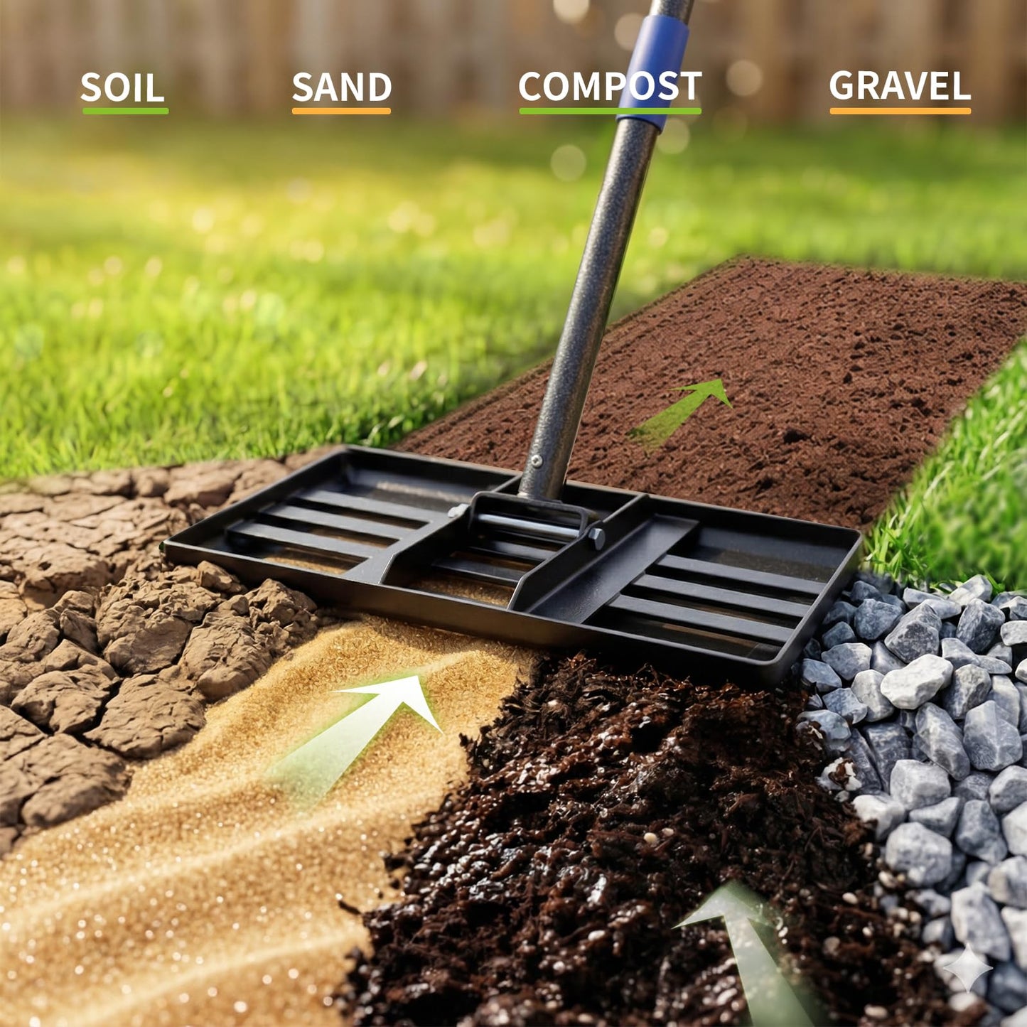 Lawn Leveling Rake, Heavy Duty Lawn Leveler with 17" x 10" Rakes Head Plate No Flipping, Smooth Garss Topsoil Dirt Sand, Metal Ground Leveling Tool with 5 ft Long Handle for Yard Garden Golf Course