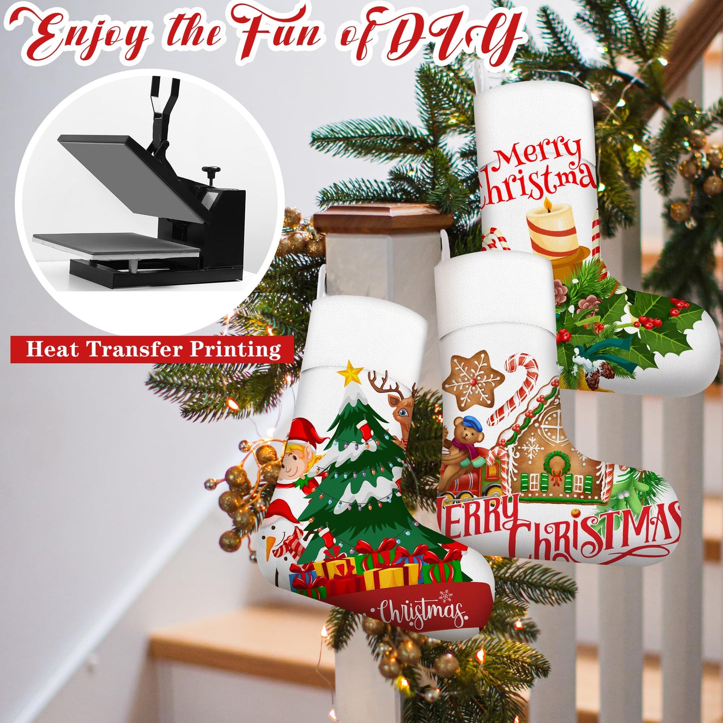 Aodaer 12 Pieces Plain Christmas Sublimation Burlap Stockings Hanging Stockings for Tree Fireplace DIY Heat Transfer Printing Christmas Home Decoration, 15.7 x 11.8 x 7.1 Inches