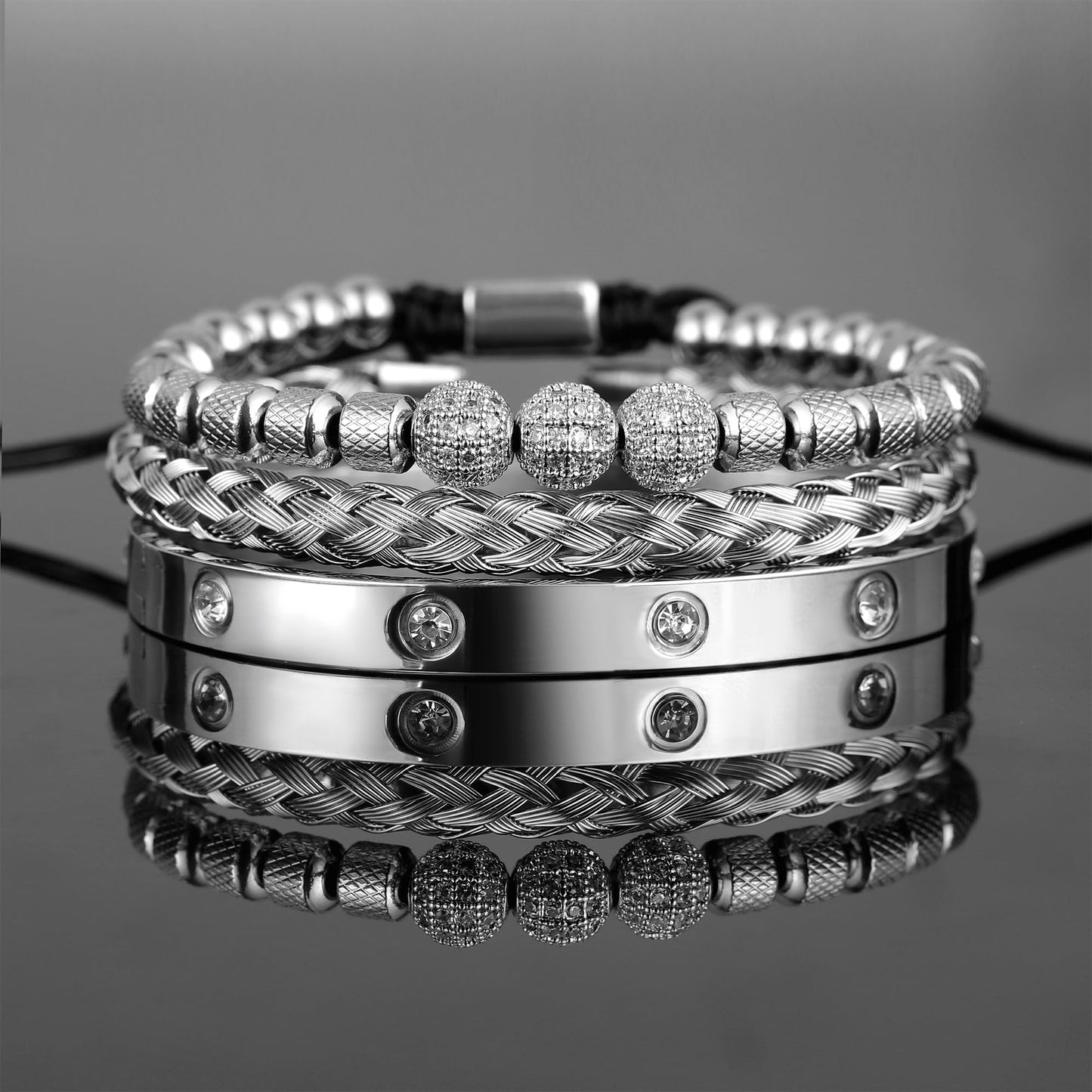 WFYOU 3PCS Stainless Steel Bracelets for Men Gold Roman Numeral Bangle Bracelet Twisted Cable Bracelet Adjustable Cuff Bracelet Mens Luxury Jewelry Bracelets Gifts(N:Silver-CZ Round Beads)