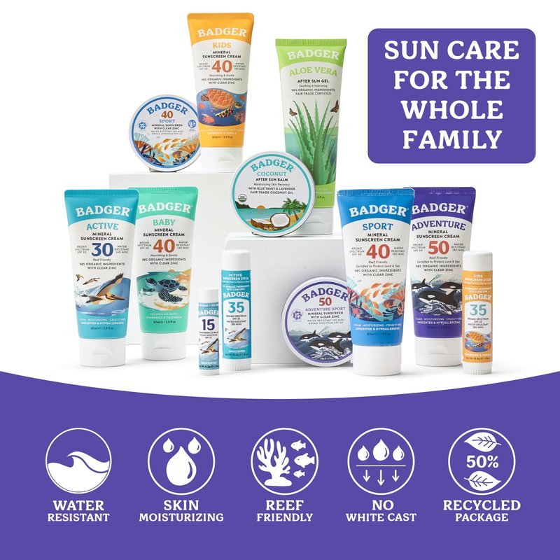 Badger Reef Safe Mineral Sunscreen, SPF 50, 98% Organic with Zinc Oxide, Non Toxic, Water Resistant, Unscented & Hypoallergenic, Broad - Spectrum, For Adventure & Sport, 2.9 fl oz (2 Pack)