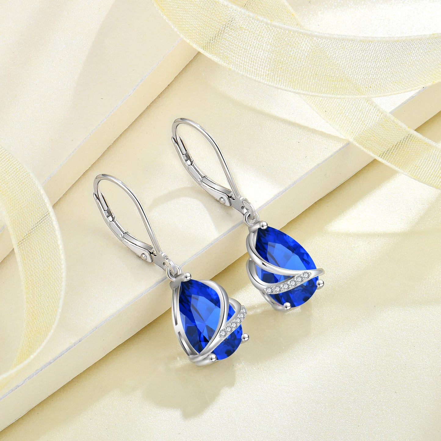 Rocayi September Birthstone Dangle Drop Earrings for Women 925 Sterling Silver Sapphire Earrings Teardrop Leverback Jewelry Gifts for Wife Girlfriend Mother Daughter Her