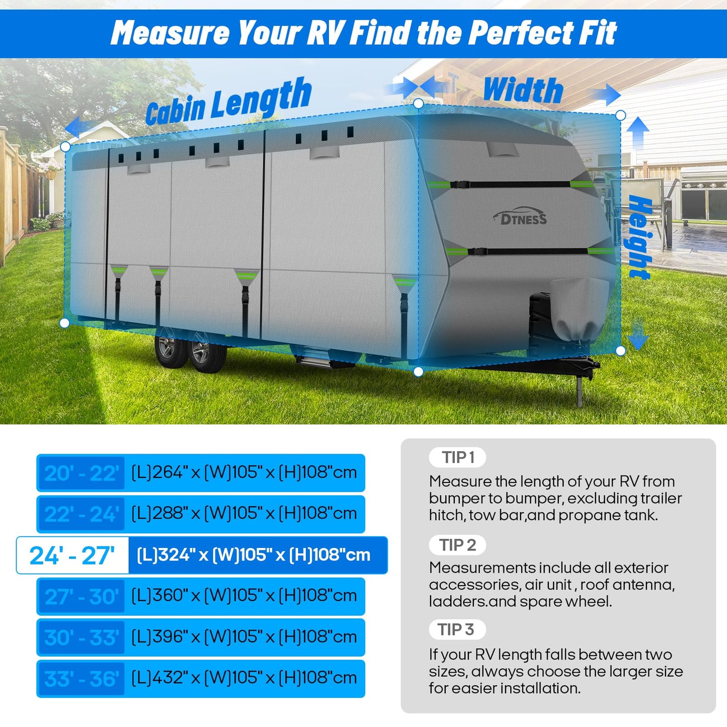 DTNESS Travel Trailers RV Cover 24-27FT, 7-Layer Thick Heavy Duty Rip-Stop Camper Cover with Tongue Jack Cover, Tire Covers, Straps & Storage Bag, Tearproof, Waterproof, Snowproof, Windproof & Anti-UV