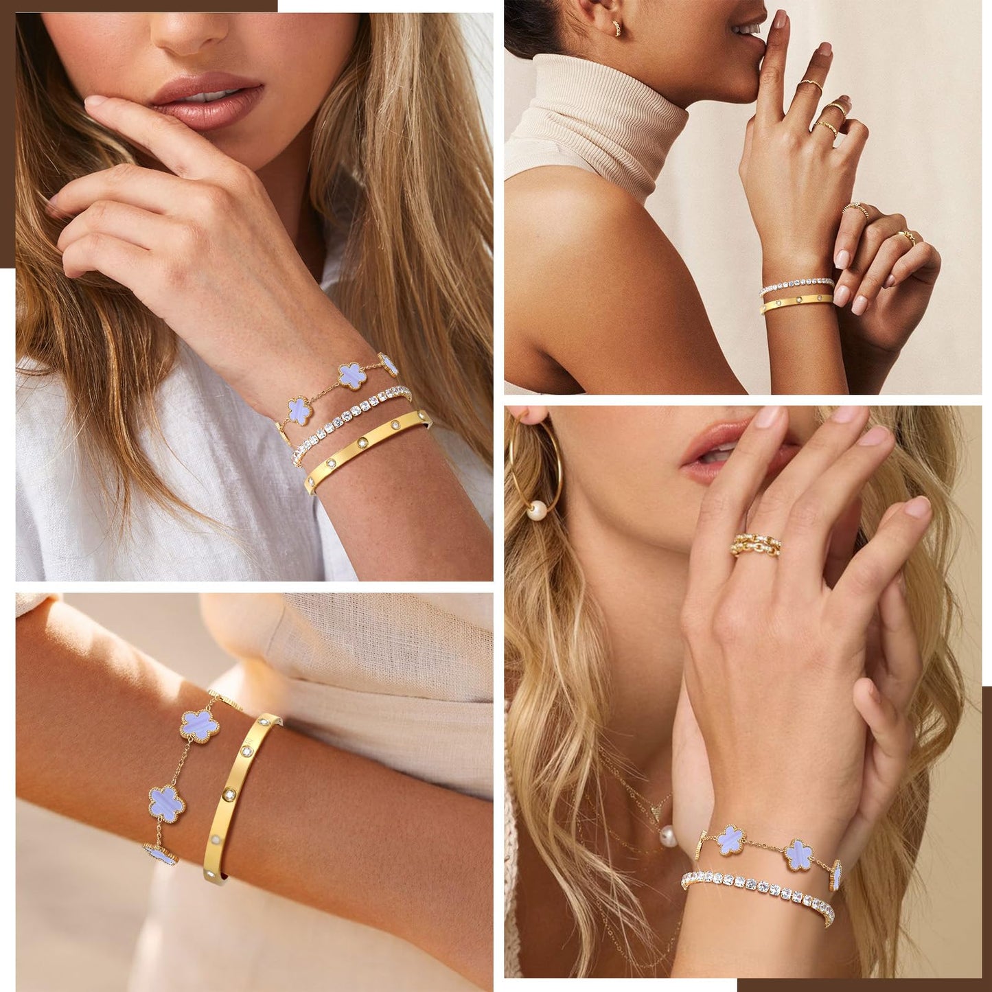 MPRAINBOW Womens Stackable Floral Bracelets, 3Pcs 18K Gold Plated Bracelet,Stainless Steel Bangle Chain Non Tarnish, Bracelet Set Trendy Jewelry,Christmas Valentines Birthday Gift for Girlfriend