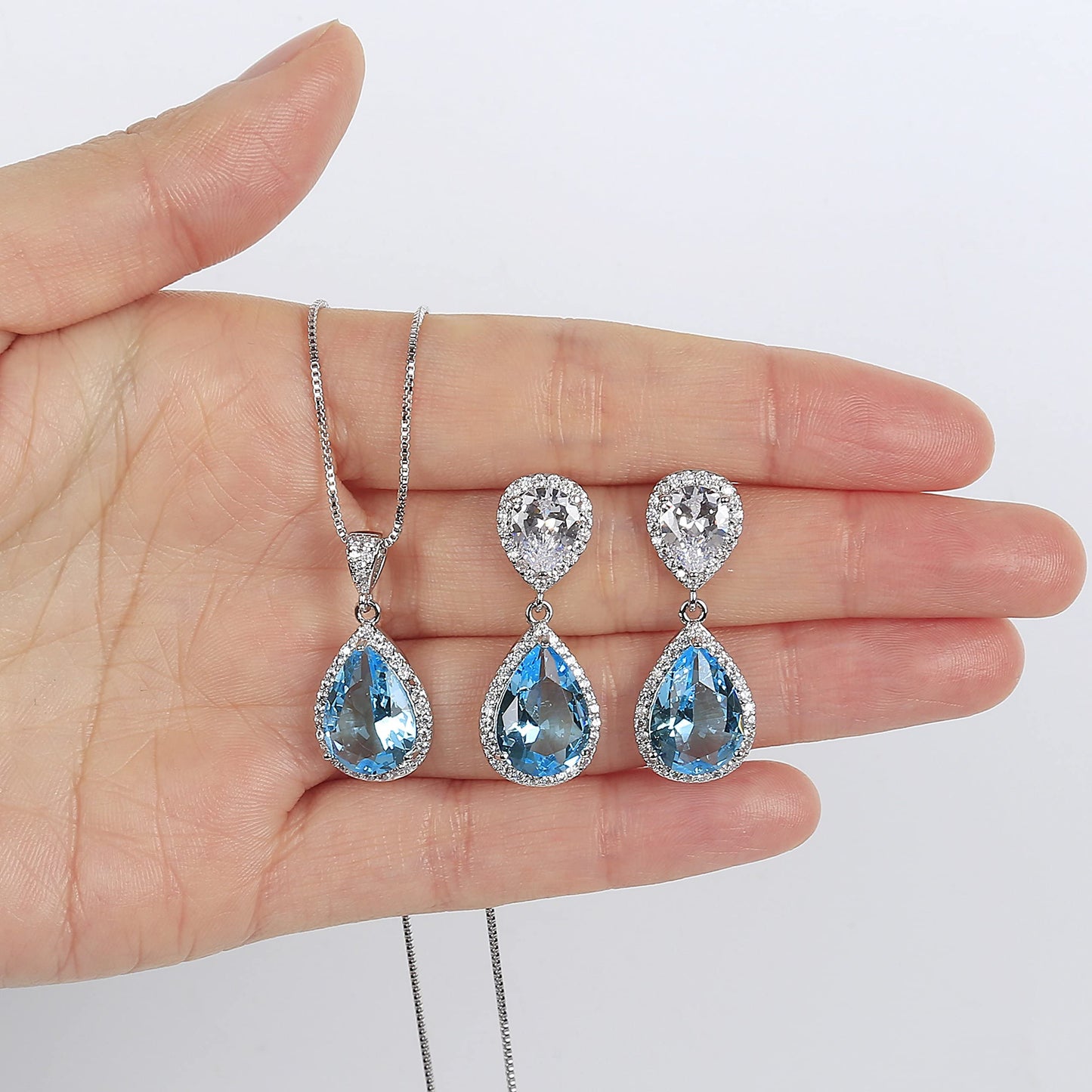 AMYJANE Wedding Jewelry Set for Women - Sterling Silver Teardrop Aquamarine blue Cubic Zirconia Crystal Rhinestone Drop Earrings and Necklace Bridal Jewelry Sets for Bridesmaids