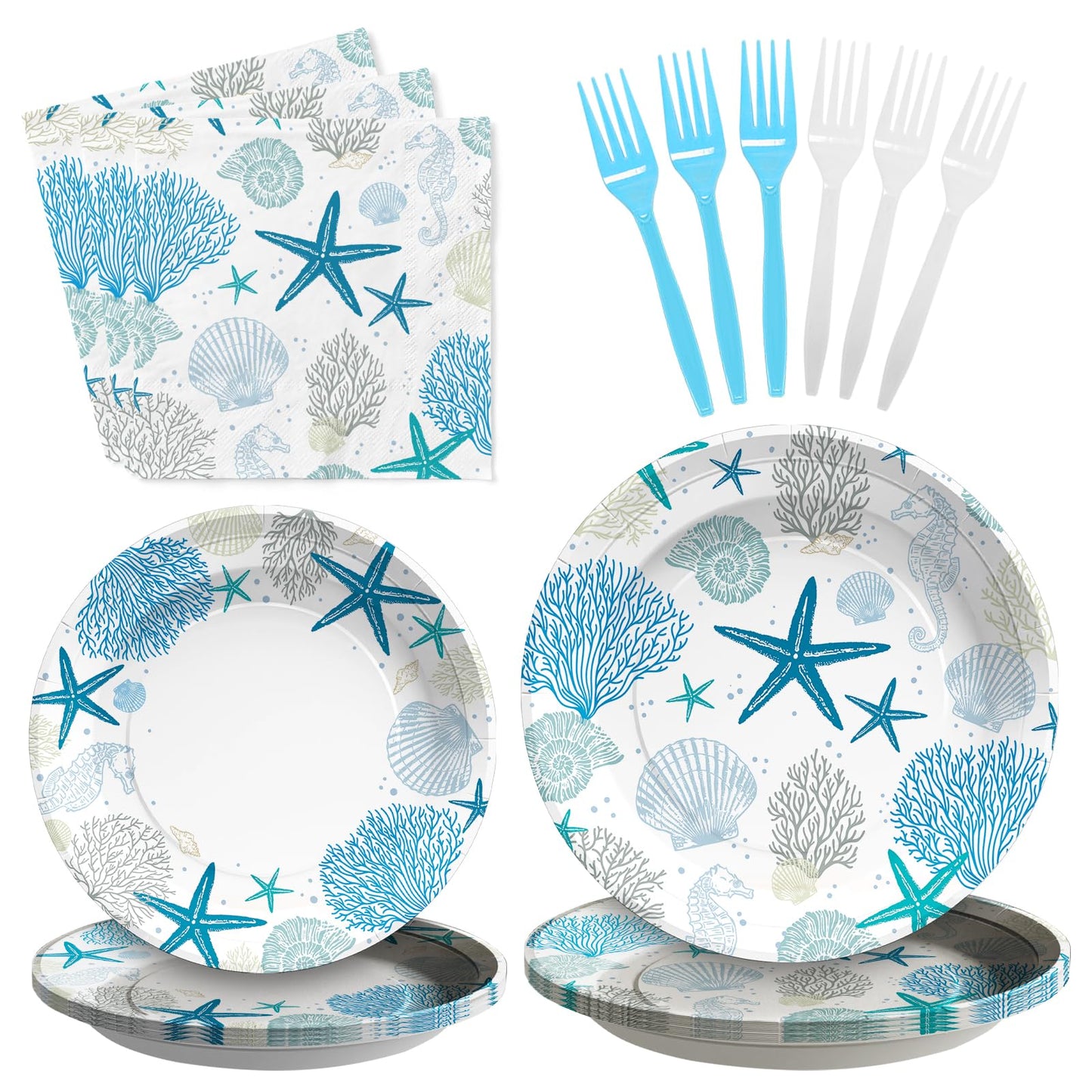96Pcs Coastal Beach Party Decorations Blue Seashell Starfish Coral Plates and Napkins Sets Nautical Ocean Birthday Party Decorations for Summer Beach Baby Shower Wedding Party Supplies Serves 24