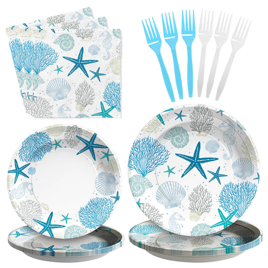 96Pcs Coastal Beach Party Decorations Blue Seashell Starfish Coral Plates and Napkins Sets Nautical Ocean Birthday Party Decorations for Summer Beach Baby Shower Wedding Party Supplies Serves 24