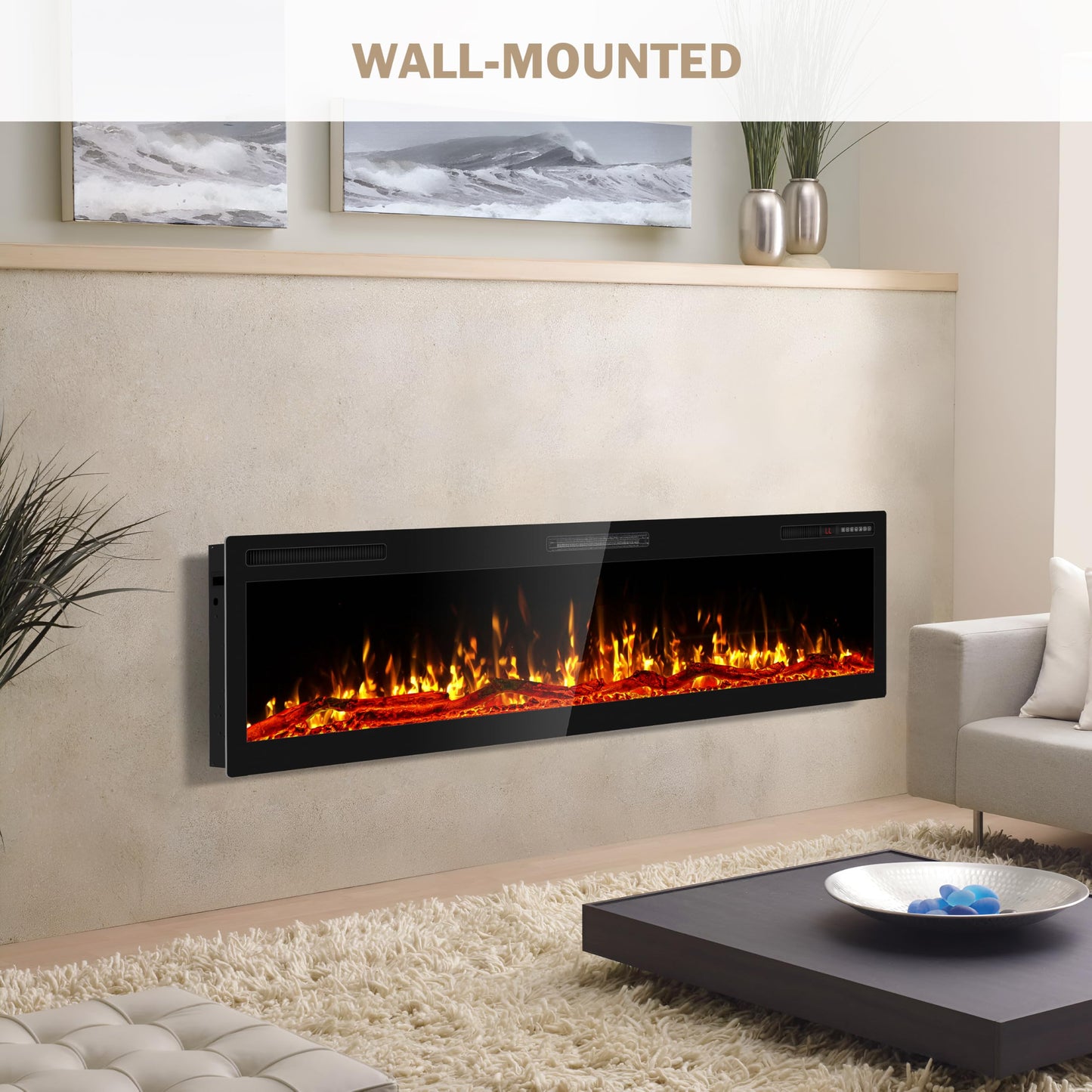 Ludatido 68 Inch Electric Fireplace Wall Mounted and Recessed with Remote Control, Color Adjustable/Realistic Flame W/Timer 1500/750W 400 sq.ft Heating Output Fireplace Heater with Log