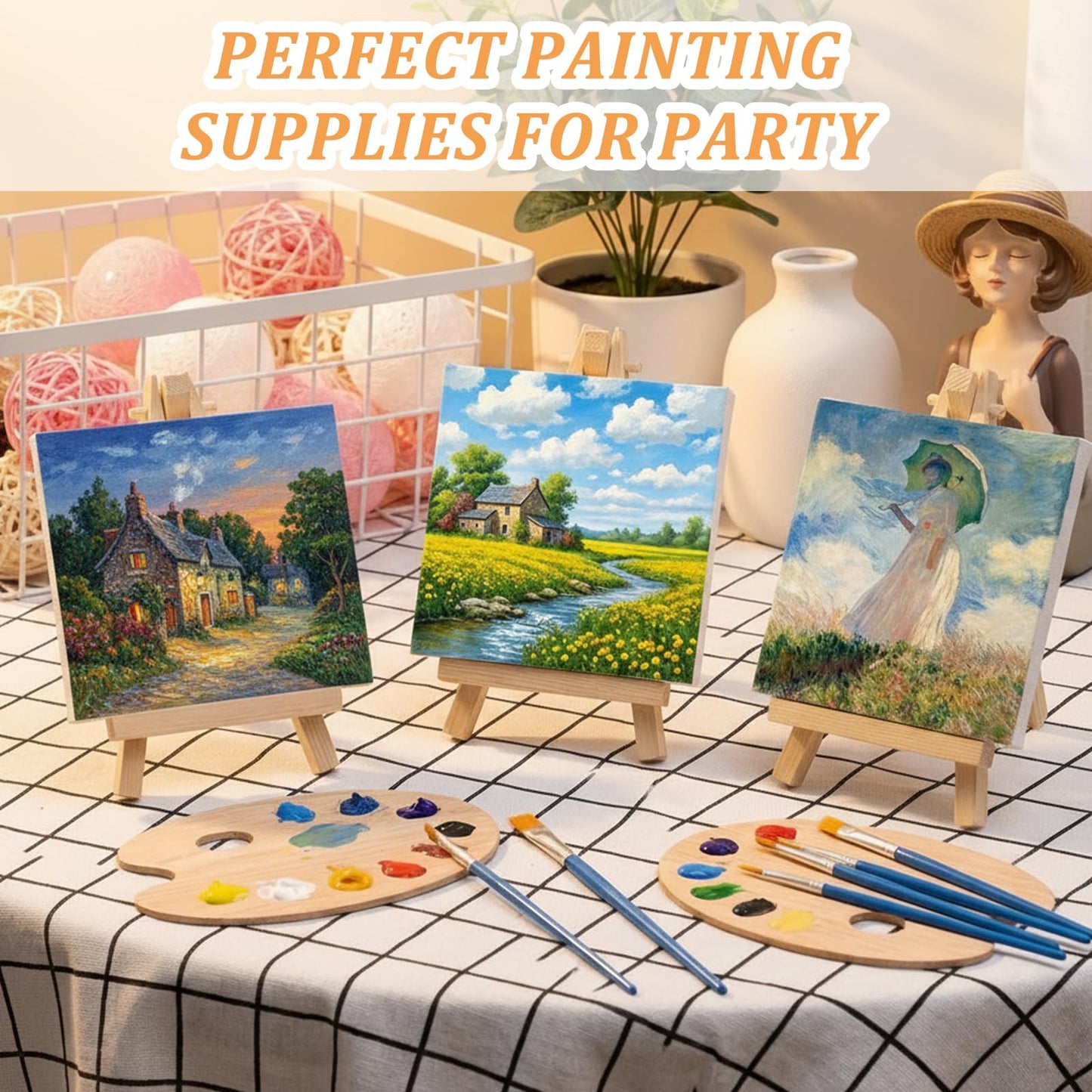 Giloaou 32 Pcs Mini Canvas and Easel Set, 4 x 4 Inch Canvas Panels with 6 Inch Wooden Easels, Art Canvases Painting Kit for Oil Acrylic Painting, Home Decor, Party Favors, Gifts