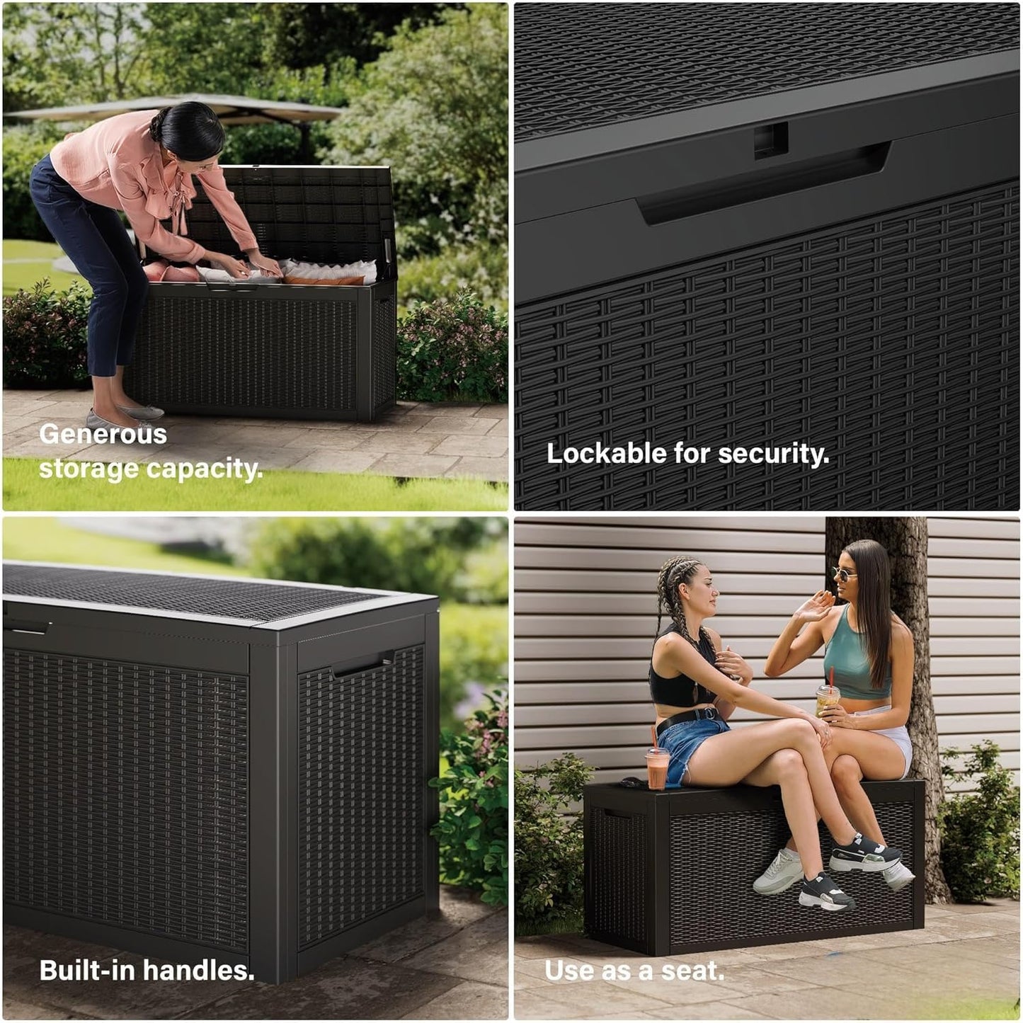 Outdoor Storage Box, 320 Gallon Lockable Resin Deck Box Large Waterproof, Patio Storage Bin for Furniture Cushion, Garden Tools and Pool Accessories, UV-Resistant Bench Cabinet for Outside, Black