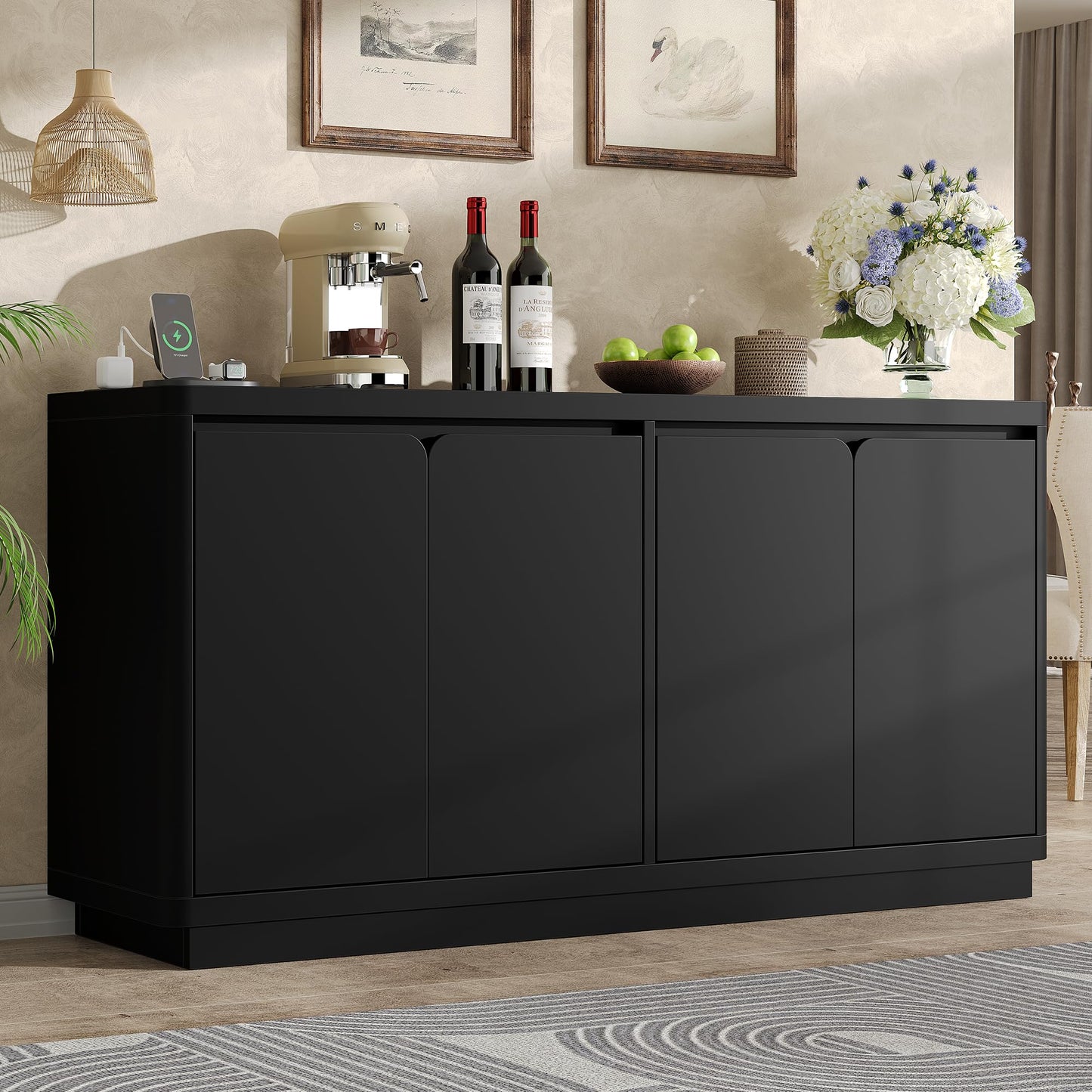 knoworld Buffet Cabinet with Storage, Outlet & Adjustable Shelves, Sideboard Cabinet with Double-Arc Doors, Classic Modern Wood Console Table & Credenza for Dining Room & Entryway