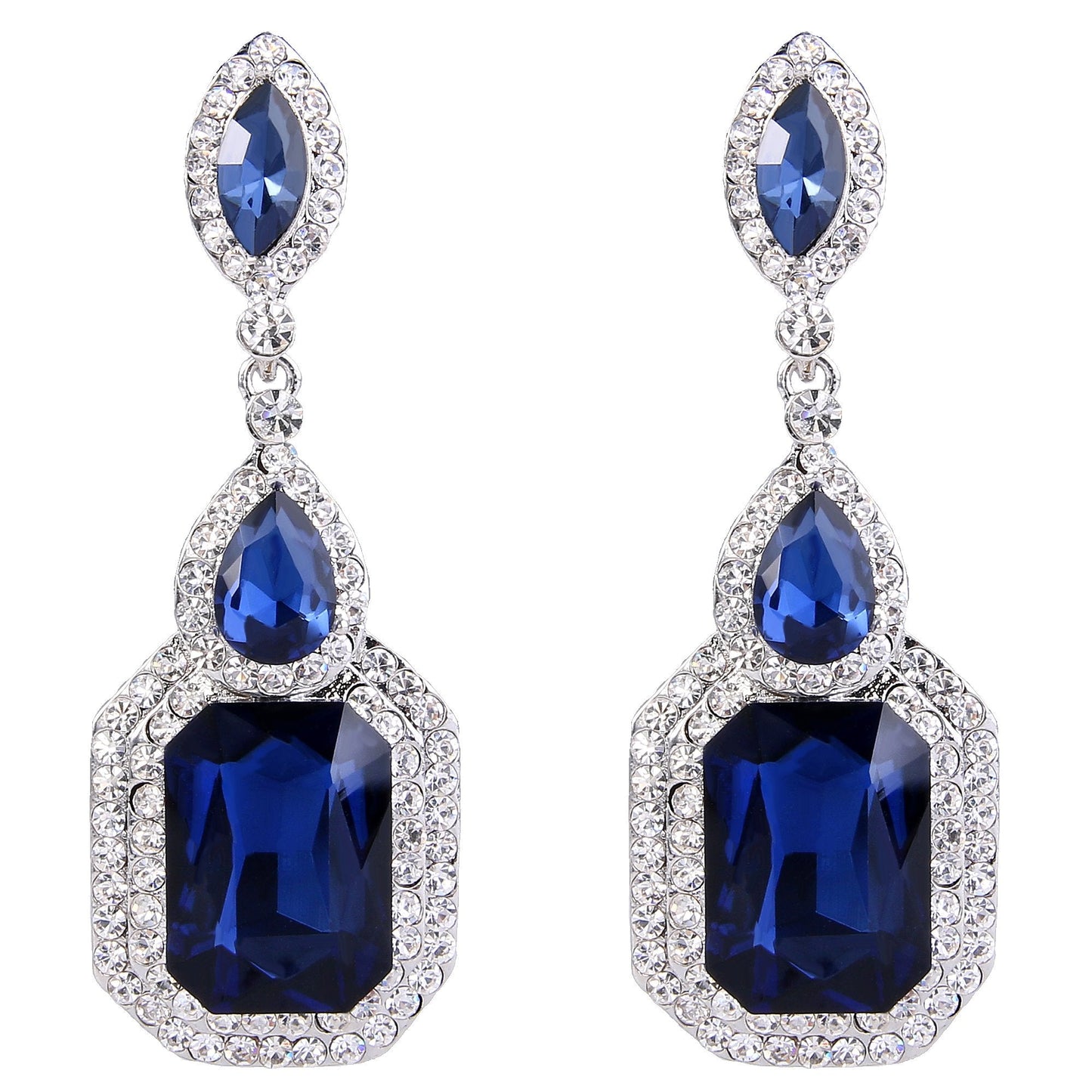 BriLove Wedding Bridal Dangle Earrings for Women Emerald Cut Crystal Infinity Figure 8 Chandelier Jewelry Navy Blue Sapphire Color Silver-Tone