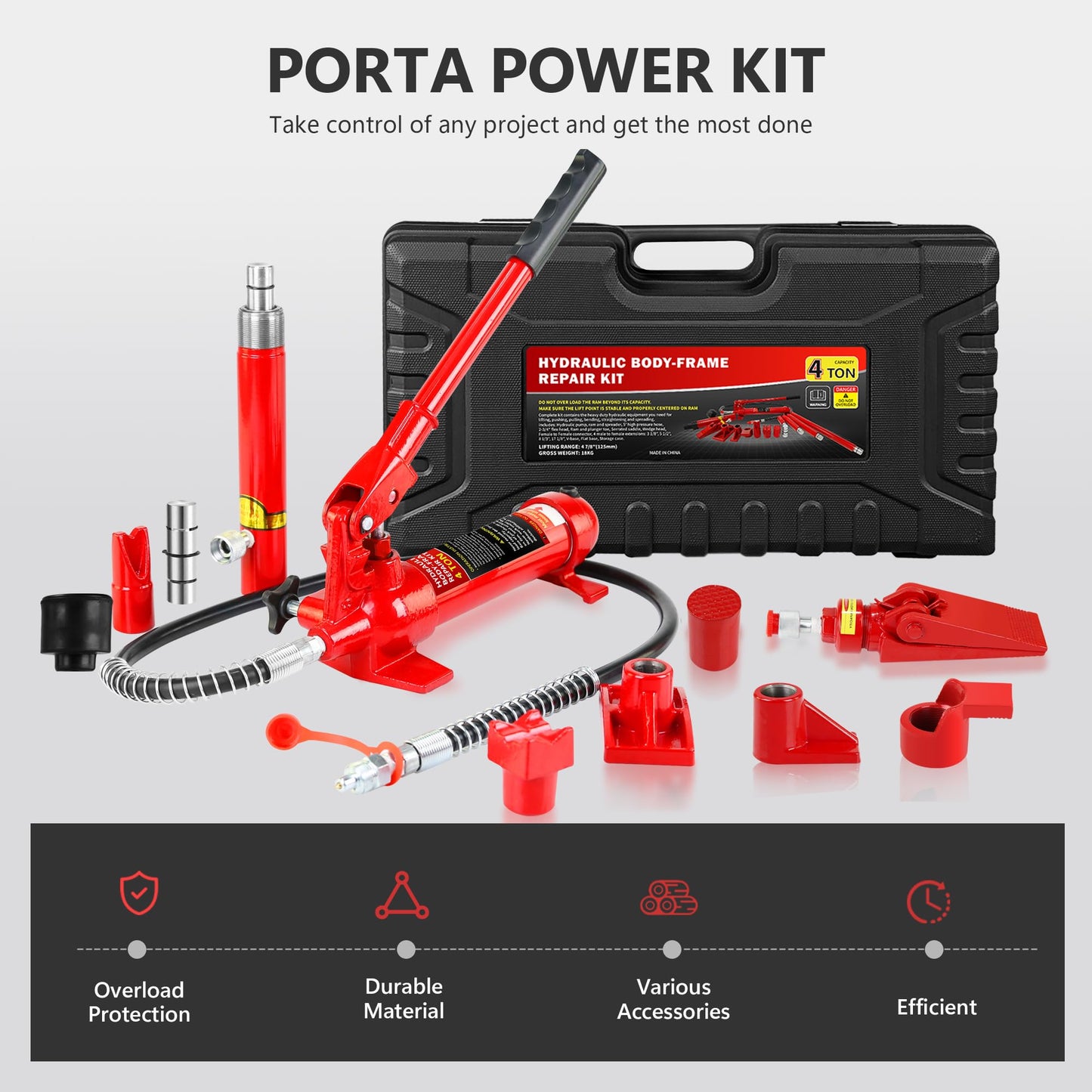 GarveeTech 4 Ton Porta Power Kit, 8800 LBS Hydraulic Jack with 17 PCS Accessories – Portable Hydraulic Ram for Auto Repair, Frame Straightening, Heavy Duty Lifting – Includes 1.25M Oil Hose