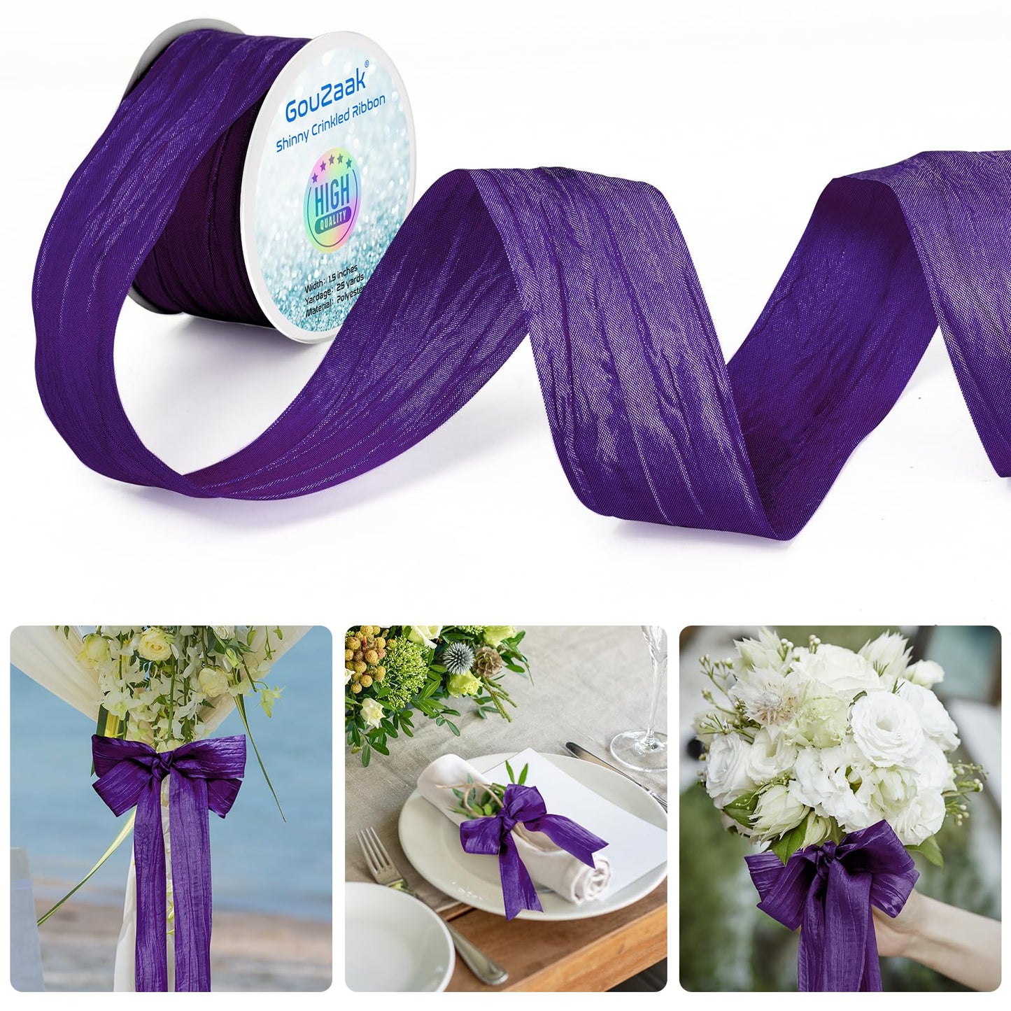 GouZaak 1.5 Inch x 25 Yards Purple Fabric Crinkled Ribbon,Silk-Like Wrinkled Ribbons,for Gift Wrapping Basket Wreaths Bows Making Home Event Decor DIY Crafts Christmas Tree Top Bows