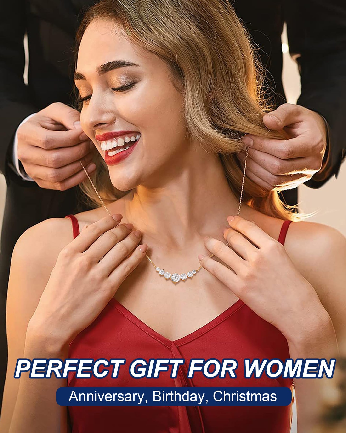 7 Stones Moissanite Pendant for Women, 2.8 Carat Moissanite Necklace 18k Yellow Gold Plated Sterling Silver Smile Pendant Necklaces 16.5+2.5inch Adjustable Box Chain Fashion Jewelry Gifts for Mom Wife