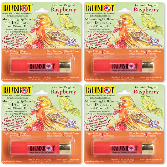 BALMSHOT Raspberry Lip Balm SPF 15 (4-Pack) – Beeswax Chapstick for Dry Chapped Lips, 20-Gauge Brass Shotgun Shell Tube, Heat Resistant, Long Lasting Lip Moisturizer for Men & Women, Made in USA