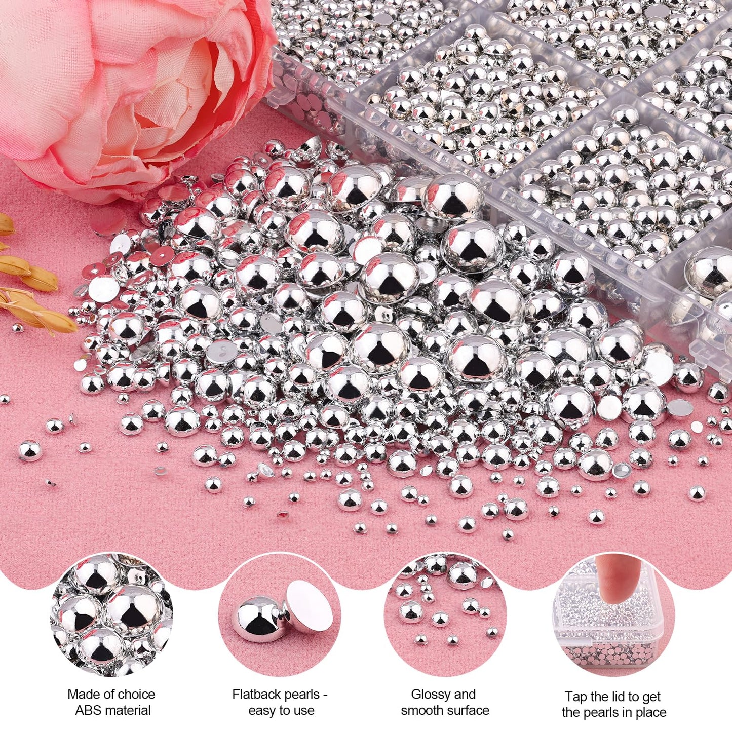 11000Pcs Flatback Pearls for Crafting(Silver), Assorted Size 2/3/4/5/6/8/10mm Half Pearl with 3Pcs 10ml B7000 Jewelry Glue, Bedazzling Bead for Crafts Clothing Tumblers Shoes Embellishment Nail Art