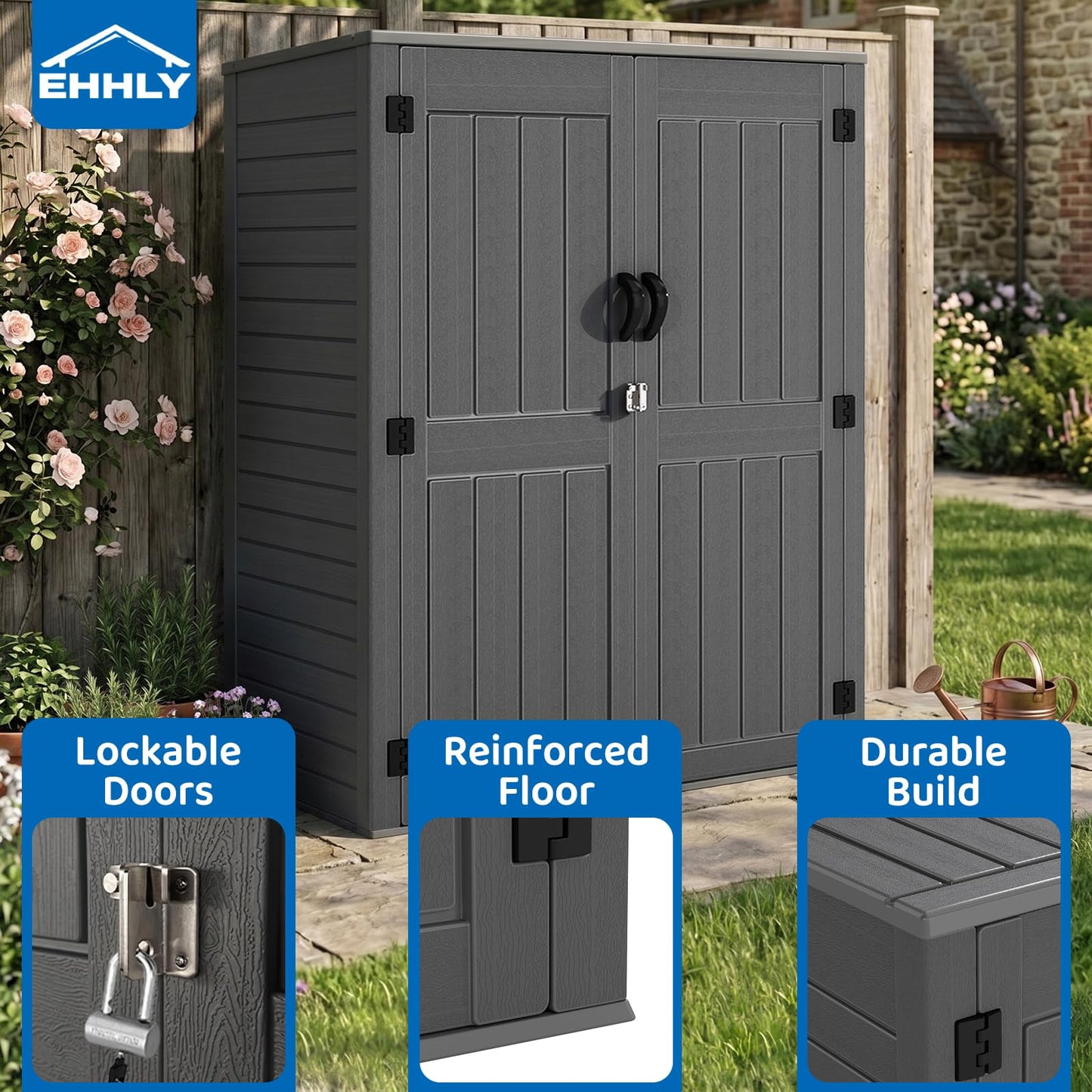 EHHLY Vertical Resin Storage Shed with 2 Shelves, 60 Cuft Garden Tool Sheds & Outdoor Storage, Plastic Outdoor Storage Cabinet Waterproof, 4.5 x 2.3 ft Backyard Outside Lawn Mower Storage Shed, Grey