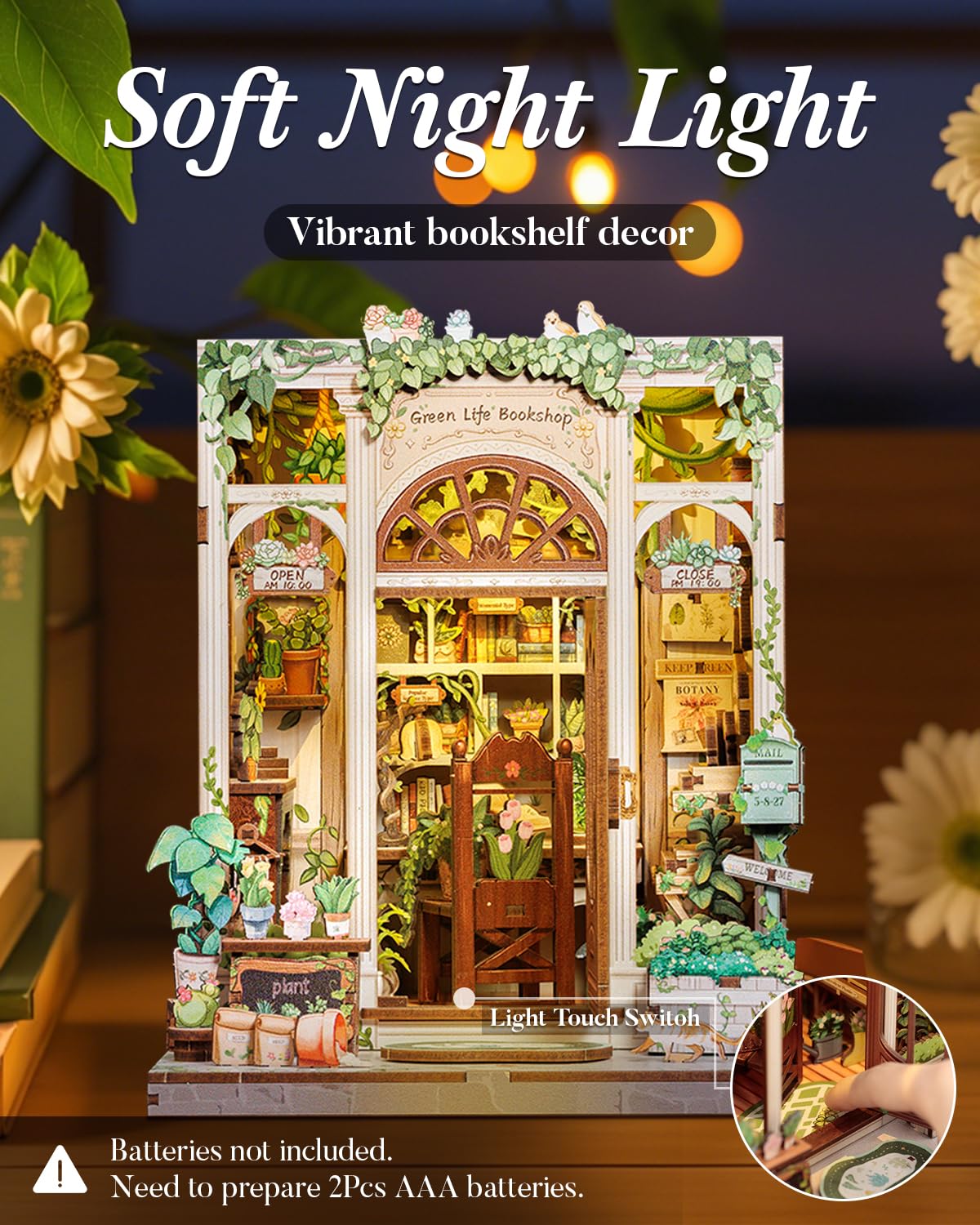 Cutefun Book Nook Kit - DIY Miniature Dollhouse Booknook Kit for Adults and Teens, 3D Wooden Puzzle Bookshelf Insert Decor with LED Light, Gifts for Book Lovers and Beginners (Green Life Bookshop)