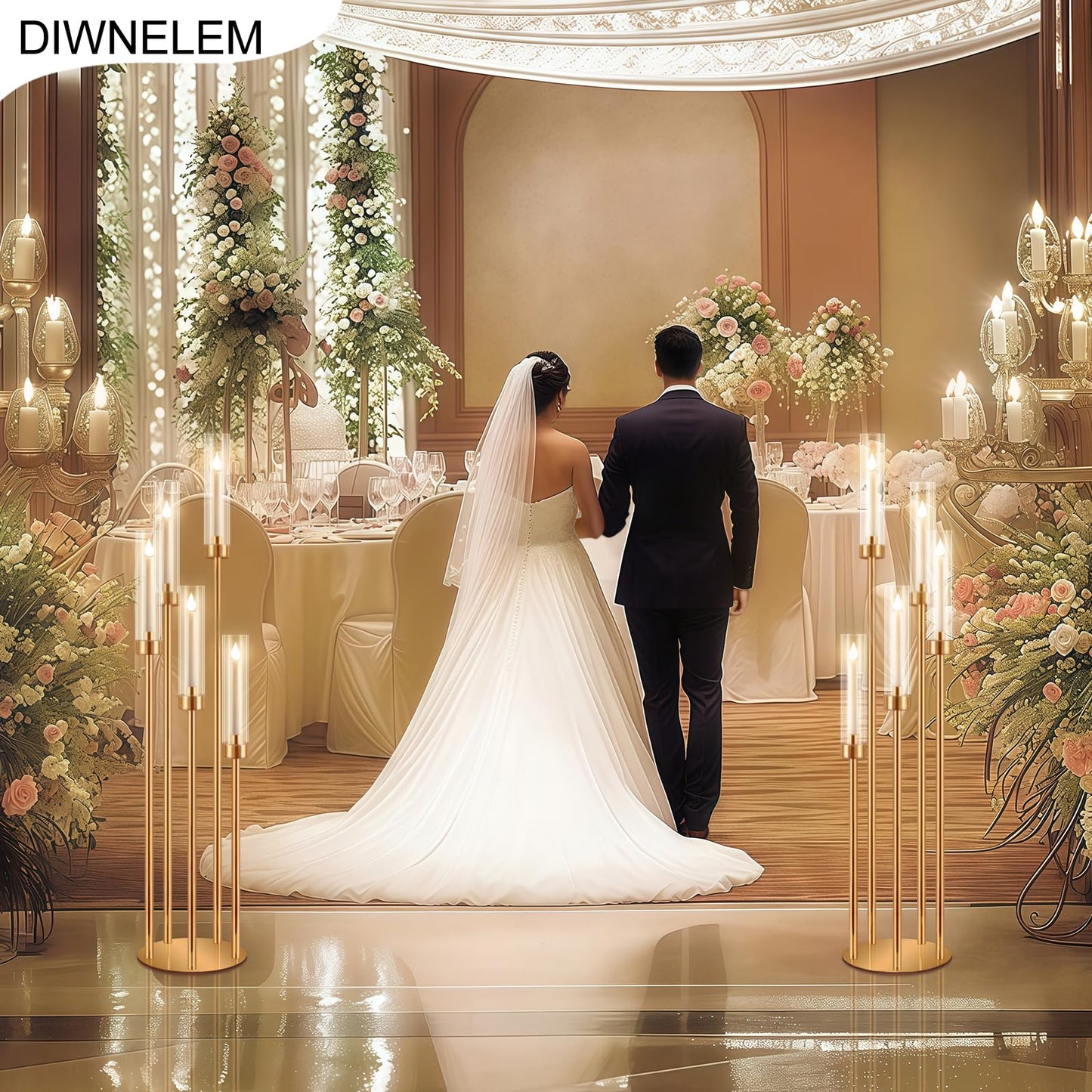 DIWNELEM 4 Pcs Gold Candelabra Centerpieces 5 Arm 42" Tall Metal Candle Holder Floor Candelabra Wedding Centerpieces Metal Candlestick Holders with Acrylic Removable Lampshade for Christmas Decoration"