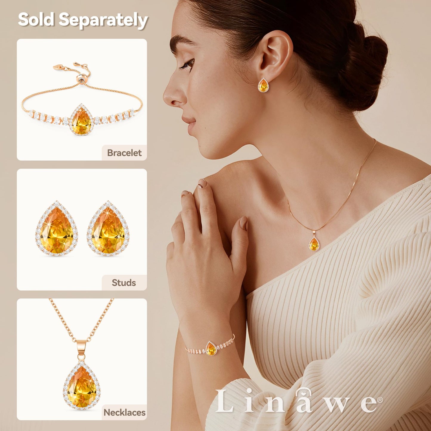 Linawe Yellow Orange Imitation Diamond Stud Earrings for Women, Rose Gold Citrine Crystal Cubic Zirconia Teardrop Rhinestone Earrings Studs, Wedding Bridal Bridesmaid Jewelry