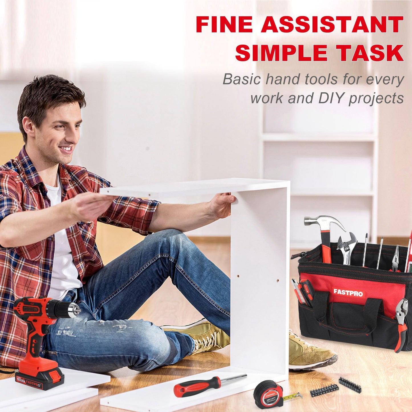 FASTPRO 232-Piece Home Tool Set with Drill, 20V Cordless Drill Driver, Household Repairing Tool Kit with Drill, 12-Inch Wide Mouth Storage Tool Bag Included, Red