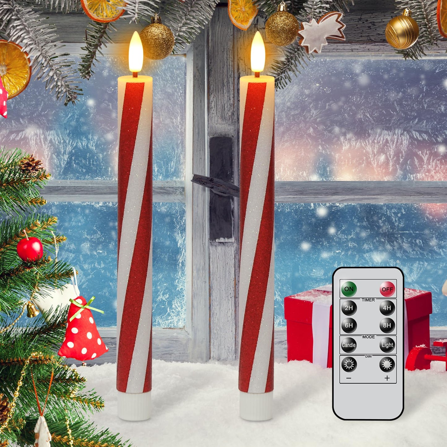 DRomance Christmas Flameless Taper Candles Flickering Battery Operated with Remote Timer, 2 Pack Real Wax 3D Wick LED Taper Candles Candy Cane Decals Holiday Indoor Dinner Decor(0.76" D x 9.65"" H)"