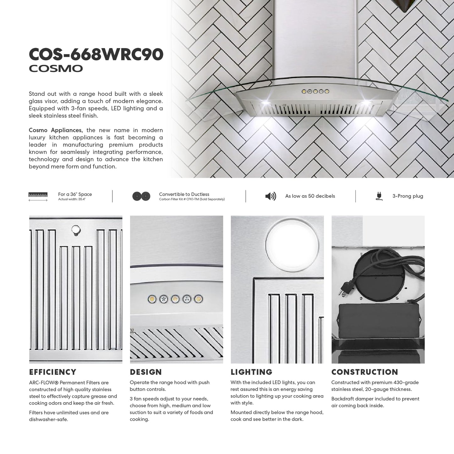 COSMO COS-668WRC90 36 in. Vista Collection 380 CFM Ducted Wall Mount Range Hood, Button Controls, LED Lights, Stainless Steel