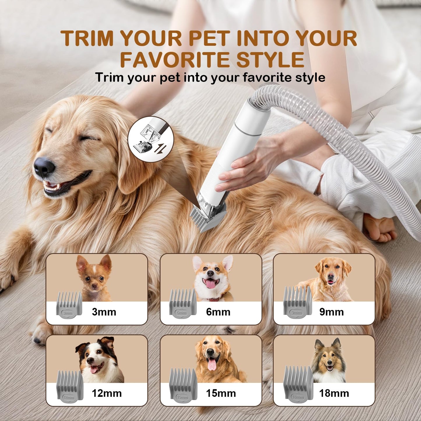 Ozumek Dog Grooming Vacuum, Dog Grooming Kit with Pet Clipper Nail Grinder, 6 Pet Grooming Tools (Caramel)