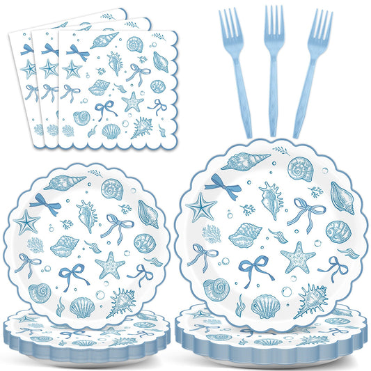 96pcs Scalloped Coastal Party Supplies Tropical Blue Bow Starfish Seashell Plates and Napkins Tableware Set Ocean Theme Party Decorations for Summer Beach Wedding Birthday Bachelorette for 24 Guests