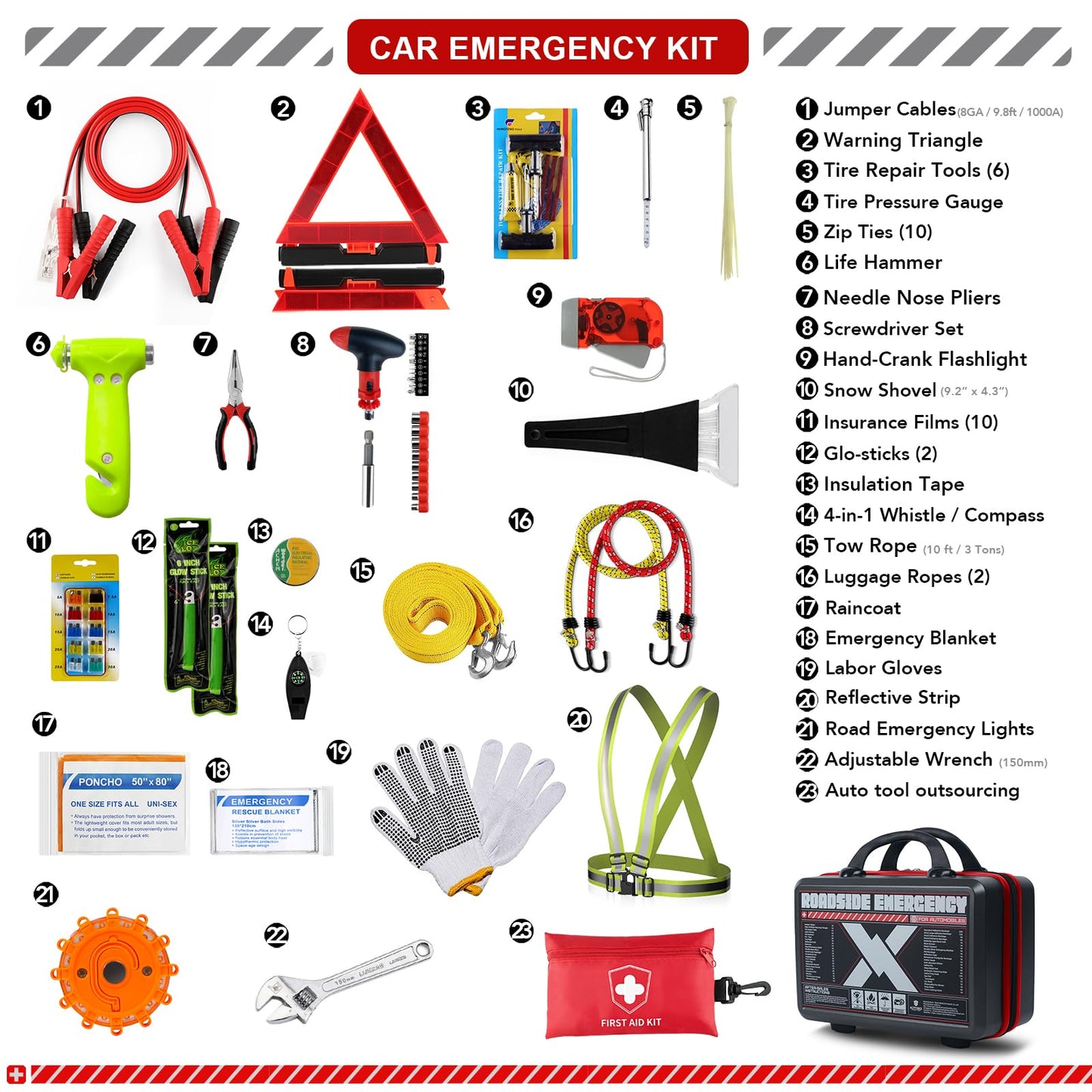 KITGO Roadside Emergency Car Kit (137Piece), with Jumper Cable, Car Safety Road Rescue Kit,Car Emergency Kit Gift for Father Women and Men,Tow Strap,Car Tool Kit (Black)