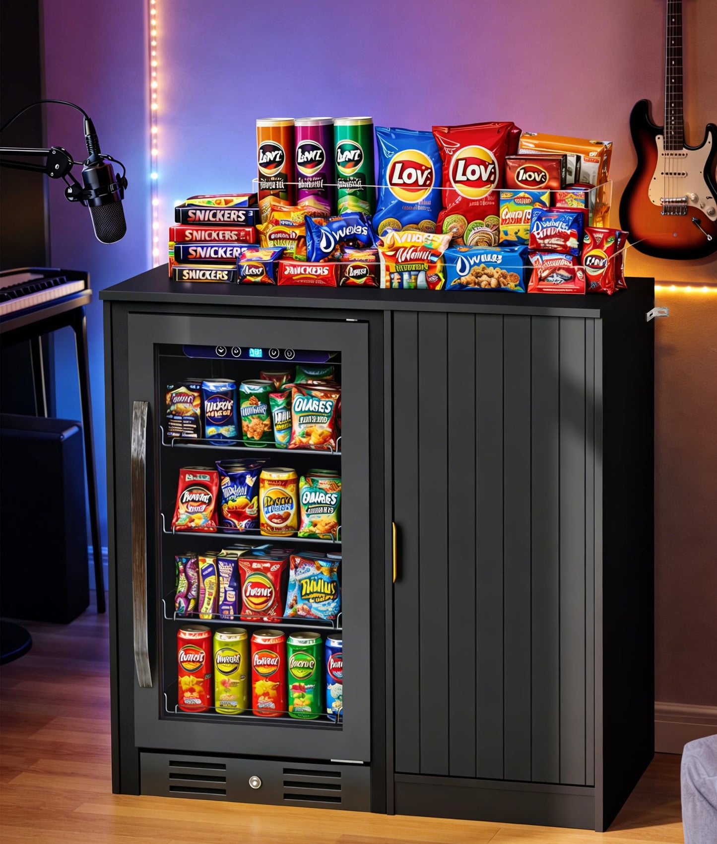 Lamtor Coffee Bar with Mini Fridge Space - Snack Bar Cabinet with Power Outlet, Fluted Mini Fridge Cabinet with Adjustable Shelf for Kitchen Dining Room Living Room, Black