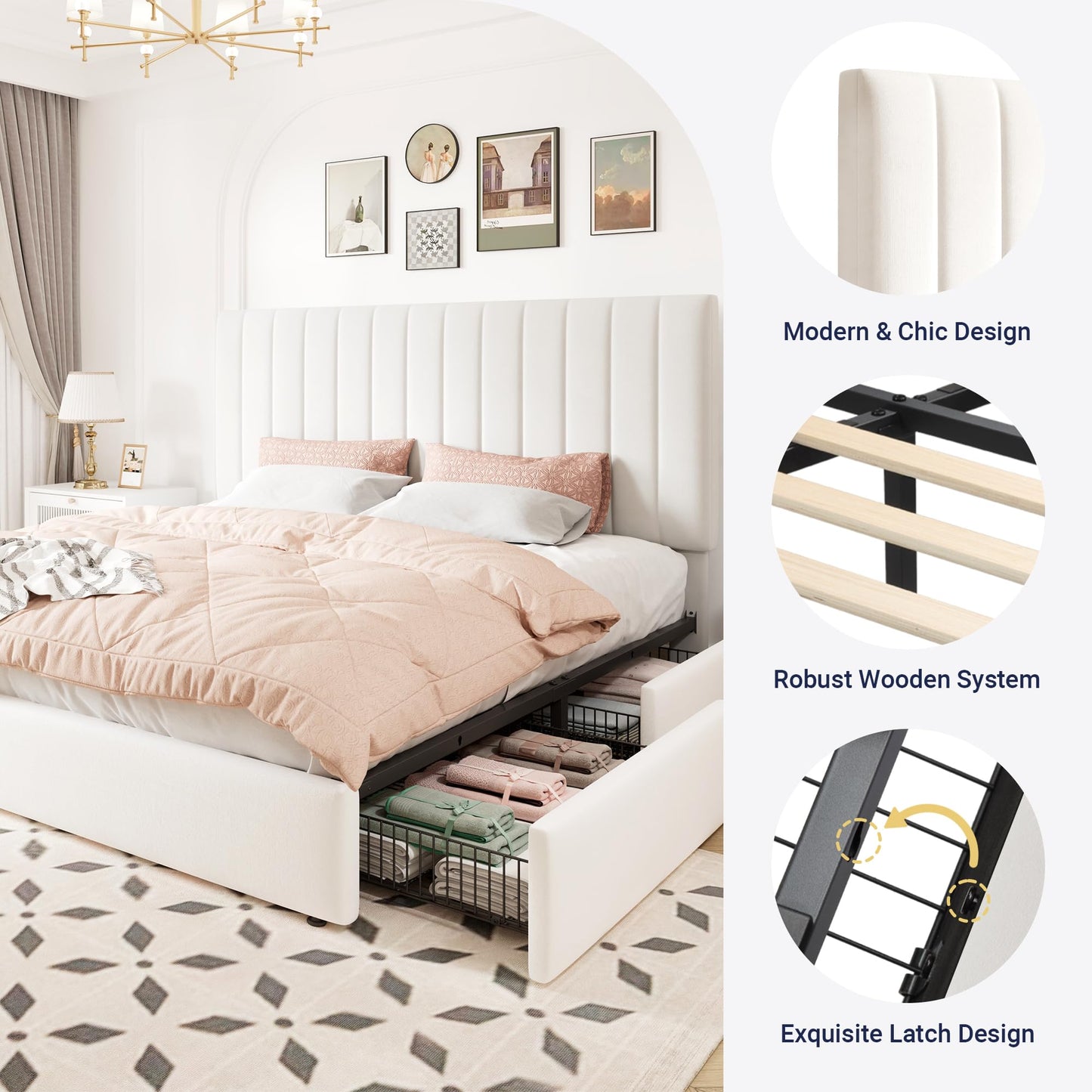Allewie King Size Storage Bed Frame, Vertical Channel Tufted Adjustable Headboard, Velvet Upholstered Platform Bed with 4 Oversized Underbed Drawers, Wooden Slats Support, No Box Spring Needed, White