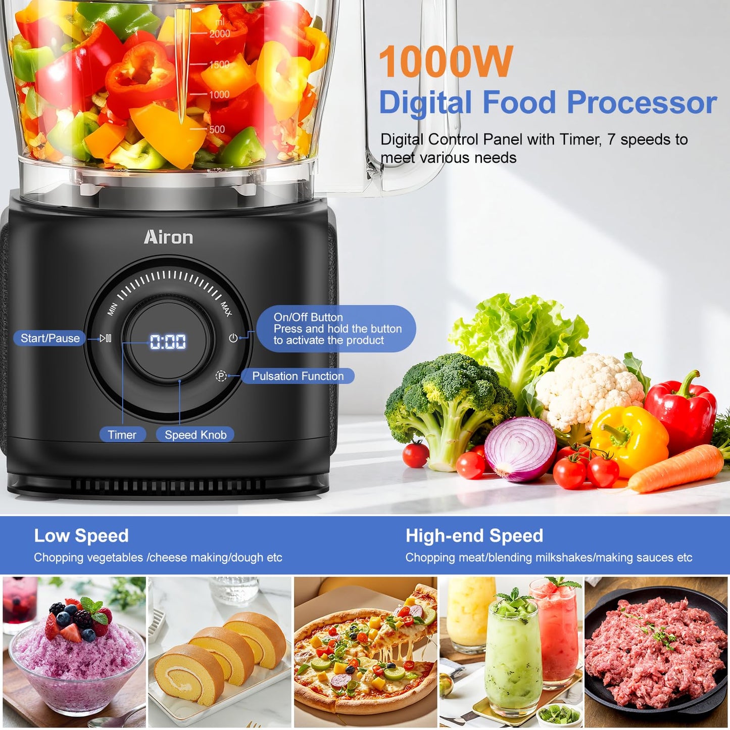 7-in-1 Professional Food Processor, 1000W Powerful Electric Vegetable Chopper, 14-Cup XL Bowl, Large Feed Chute, Cheese Shredding, Meat Chopping, Shredding and Slicing, Mixing and Doughing
