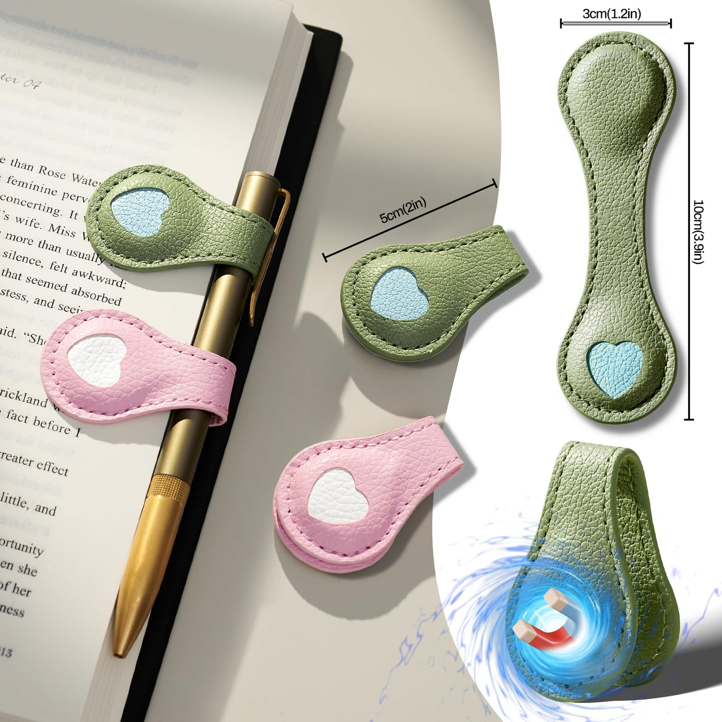 2Pcs Magnetic Leather Bookmarks with Gift Box Magnetic Pen Holder Book Marks Clip Gift for Book Lover Readers Men Women Teachers Students, Heart (Pink+Green)