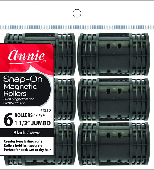 Annie Snap-On Magnetic Hair Rollers – Jumbo 1 1/2 Inch with Locking Snap-Over Hood – Secure Hold No Pins Needed – Black, 6 Count