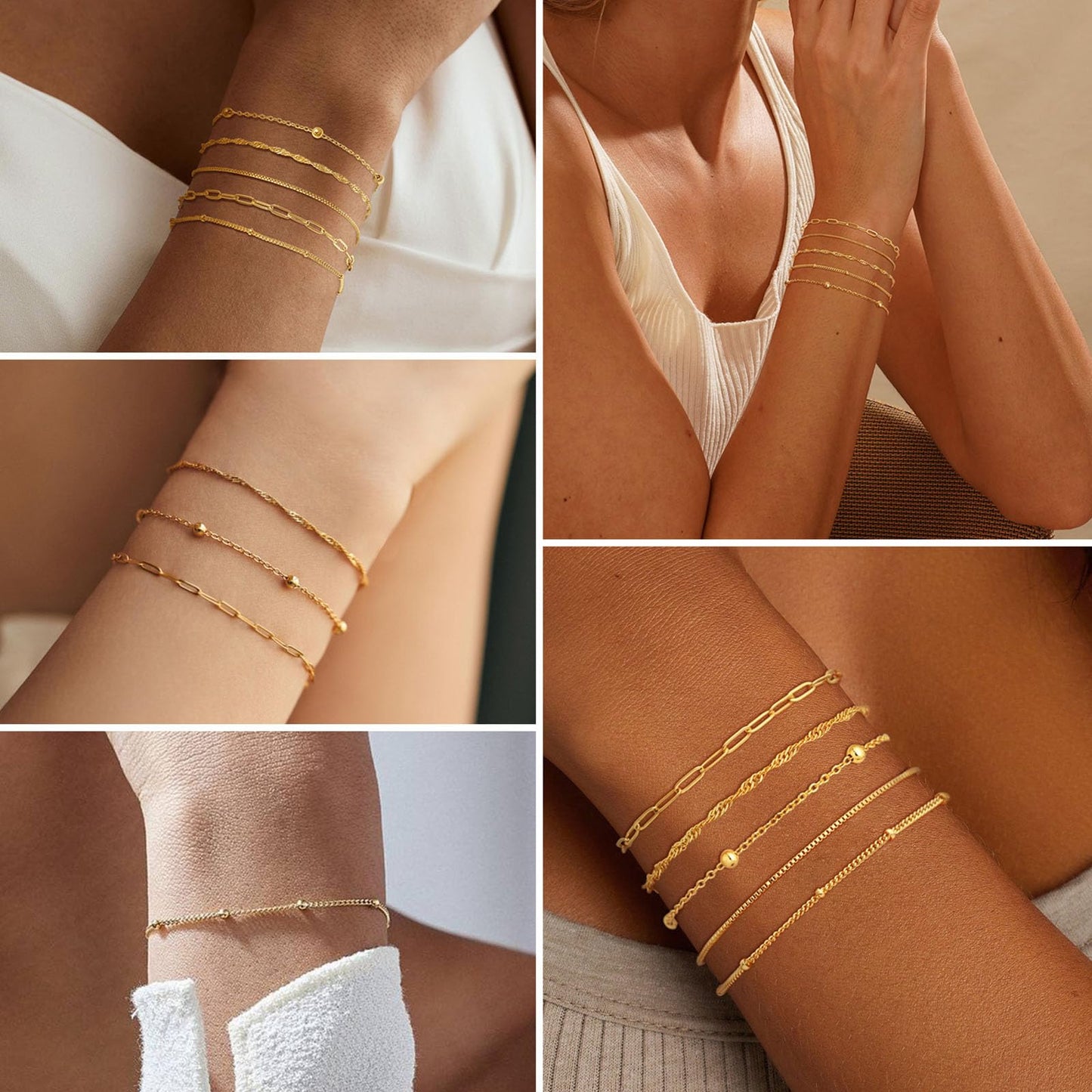 Gold Bracelets for Women, Dainty 14K Gold Plated Bracelet Stack for Women Trendy CZ Tennis Paperclip Cuban Chain Stackable Adjustable Waterproof Link Bracelet Jewelry Set Fashion Accessories Gifts