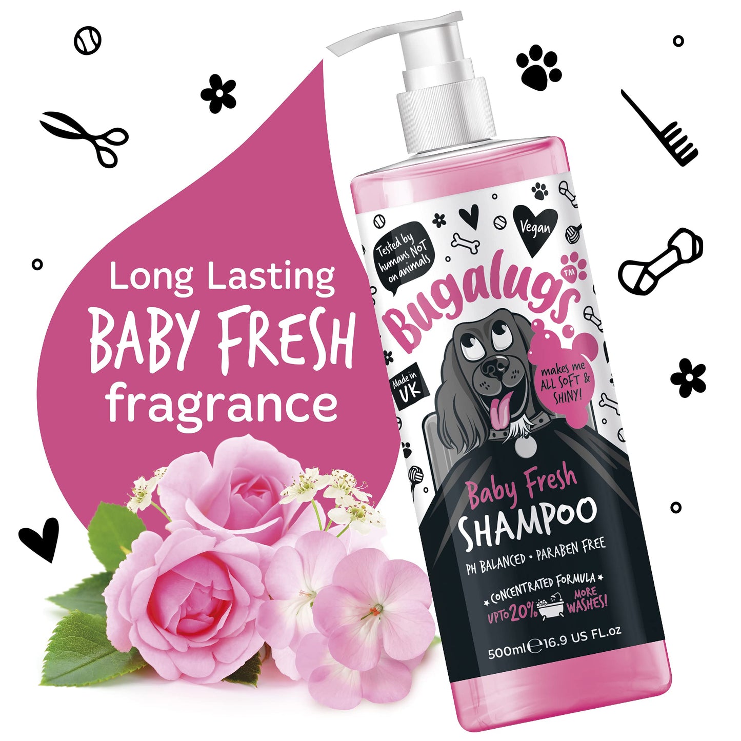 BUGALUGS Baby Fresh Dog Shampoo 16.85 FL Oz - Grooming Product for Smelly Dogs with Baby Powder Scent - Best Puppy Shampoo, Conditioner, Vegan and Professional Pet Shampoo