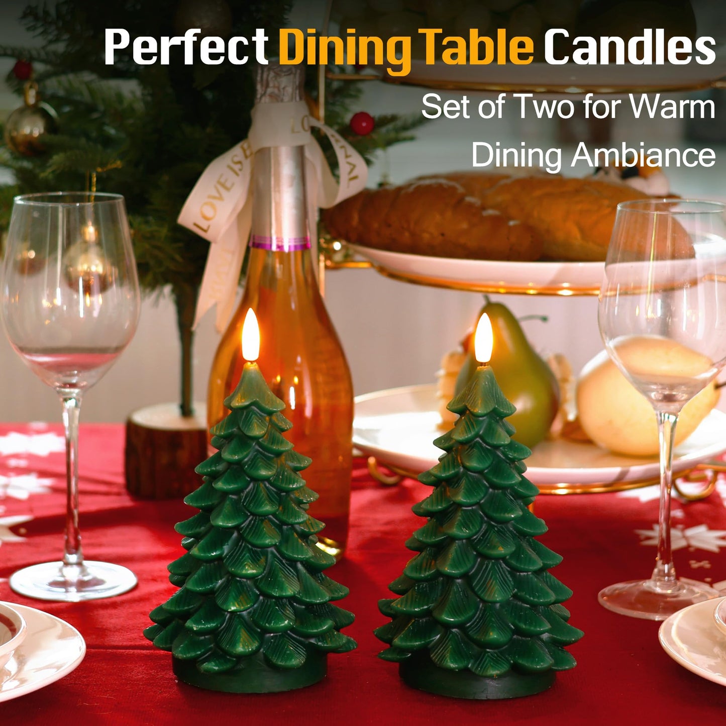 JOIONE Christmas Tree Flameless Candles with Remote Timer, Battery Operated Flickering Candles, LED Real Wax Candles for New Year Celebration, Christmas Decor, Set of 2, Green (3.15" X 7.48"")"