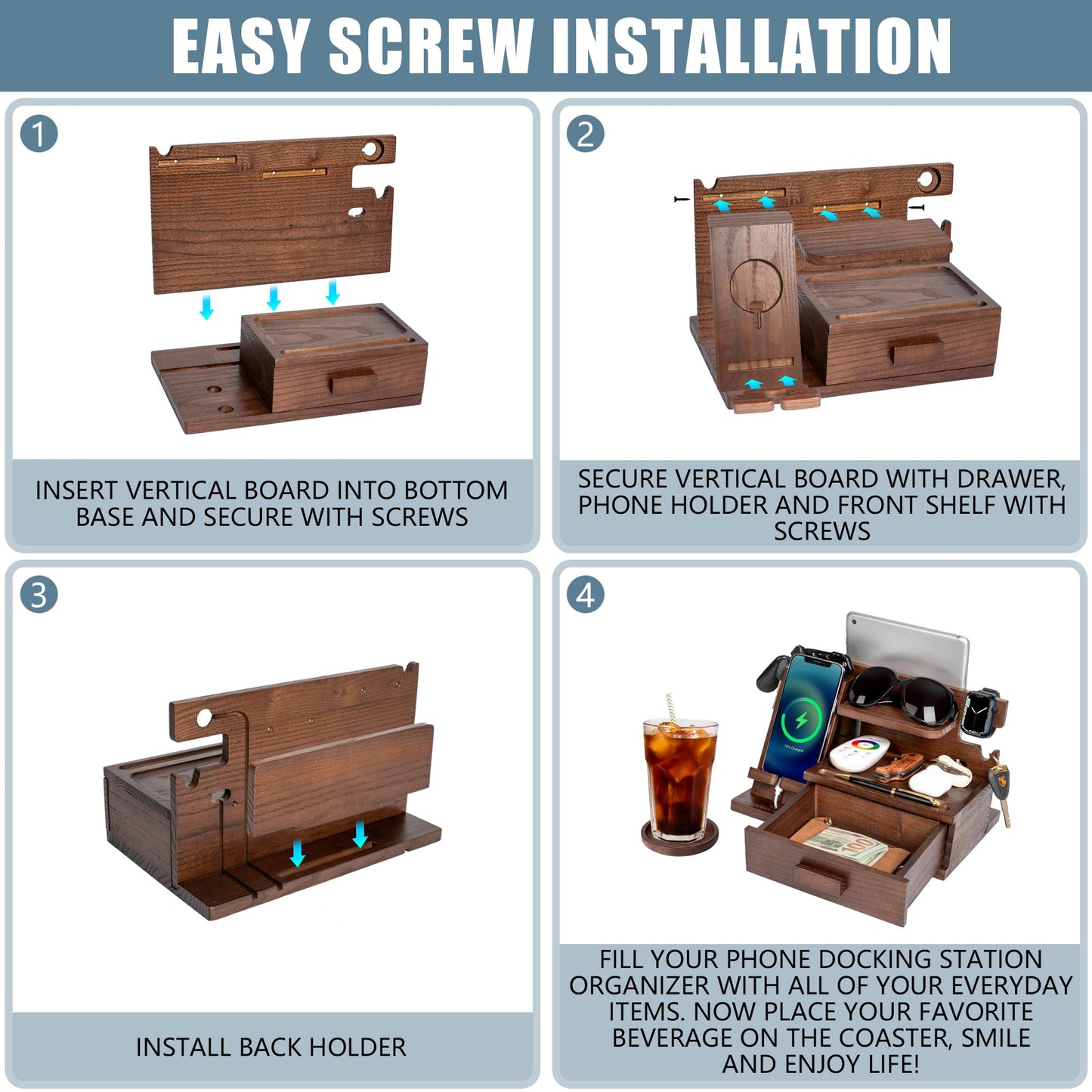 Parkway Home Wood Phone Docking Station with Drawer, Compatible with Apple Watch - Wood Charging Station Organizer Stand, Bedside Nightstand Organizer for Men, Holds Phone, Tablet, Keys, Glasses, EDC
