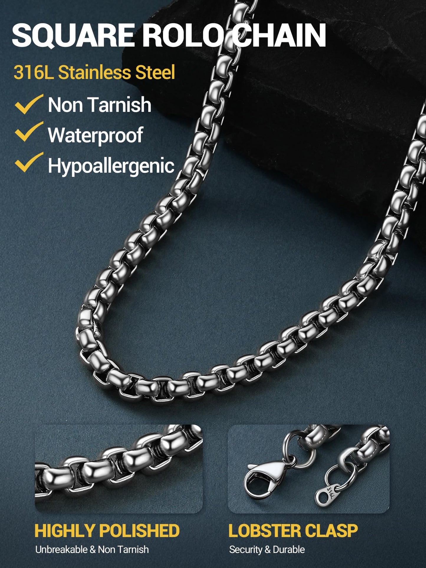 PROSTEEL Mens Chain Necklace, Squre Rolo Link Chains Chunky Stainless Steel Necklace 8mm Waterproof & Strong Lobster Clasp Mens Jewelry with Gift Box 20in