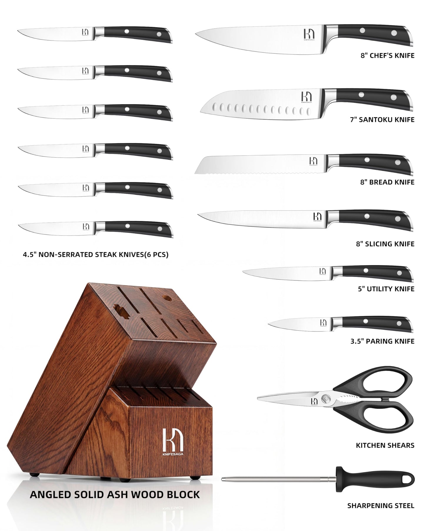 KnifeSaga Knife Set, 15 Pcs Kitchen Knife Block Set, Enduring Razor-Sharp High Carbon Stainless Steel Chef Knife Set with Block and Sharpener, Premium Knives Set for Kitchen, Ash Wood Valentine's Gift