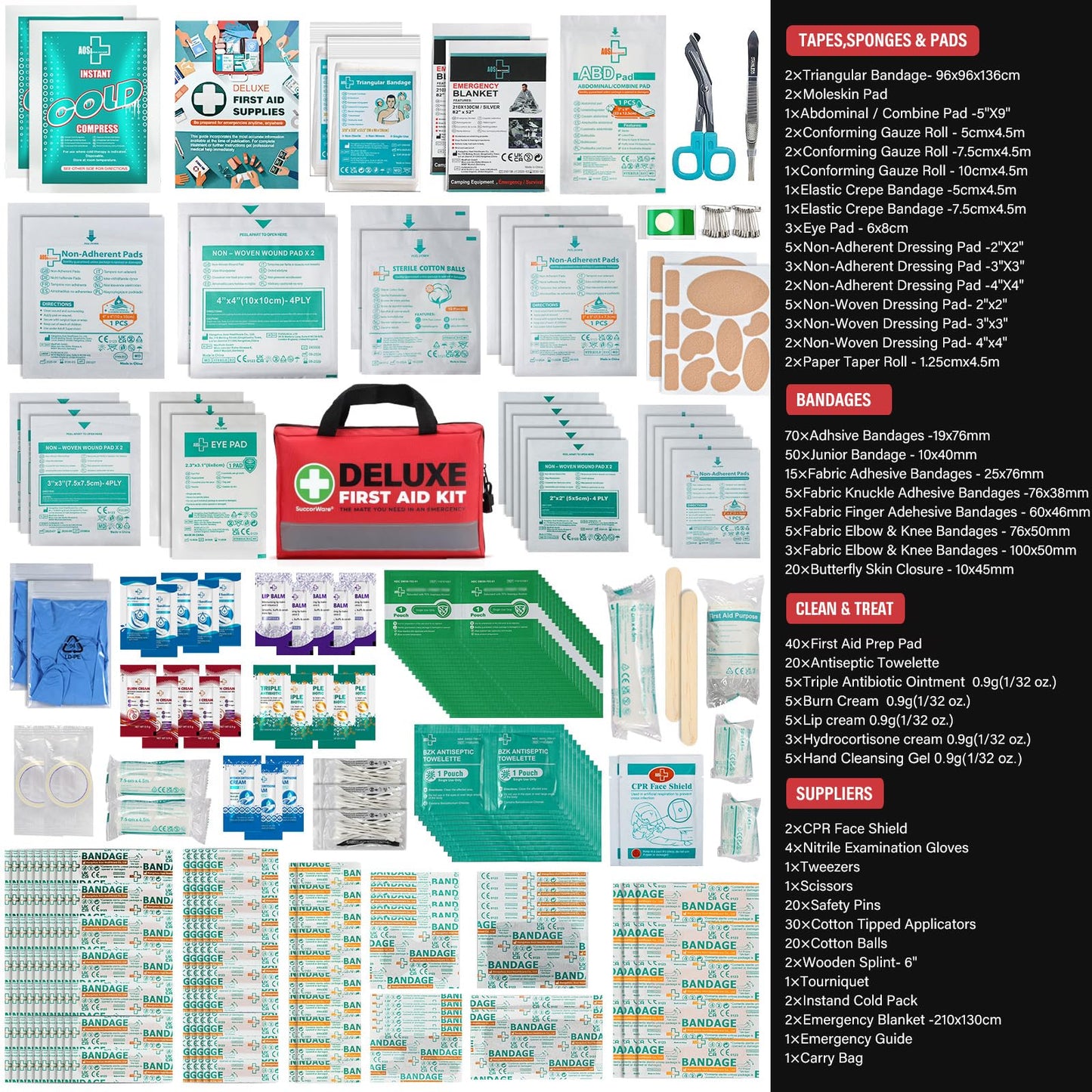 SuccorWare 380 Pieces Deluxe First Aid Kit Compact Trauma Medical Kits with Assorted Bandages, Instant Cold Pack, Emergency Blanket for Home, Travel, Camping, Vehicle, Emergency Kits(Red)