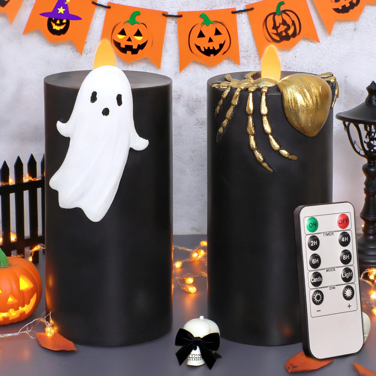 Silverstro Halloween Flameless Candles with Remote & Timer, Real Wax Hand-Carved Painted Ghost Spider LED Candles for Home Party Haunted House Horror Theme Halloween Decor, 3" x 7"" Set of 2"