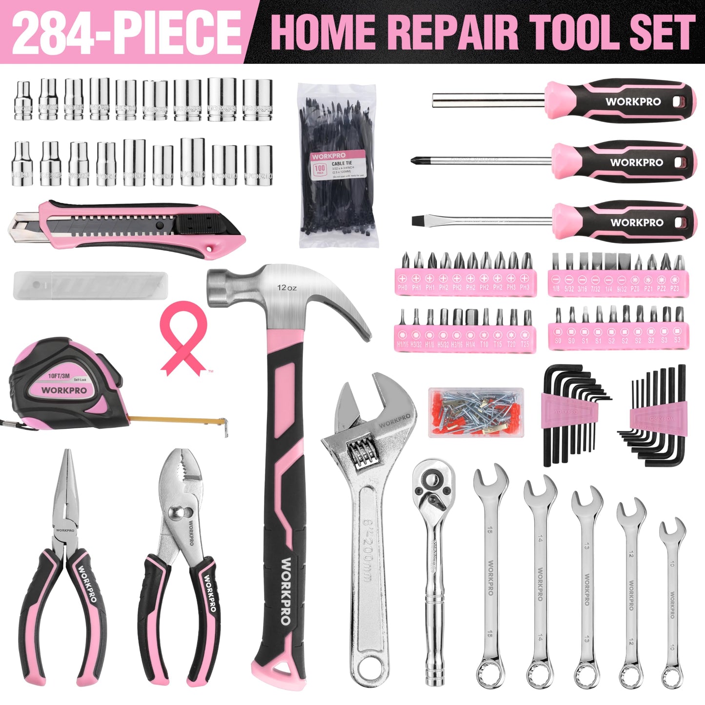 WORKPRO Pink Tool Set, 284 PCS Tool Kit for Women, Basic Household Pink Tool Box with Sockets, Pliers, Ratchet Handle, Portable Toolkit for Home Repair, New Apartment, House-Warming, DIY - Pink Ribbon