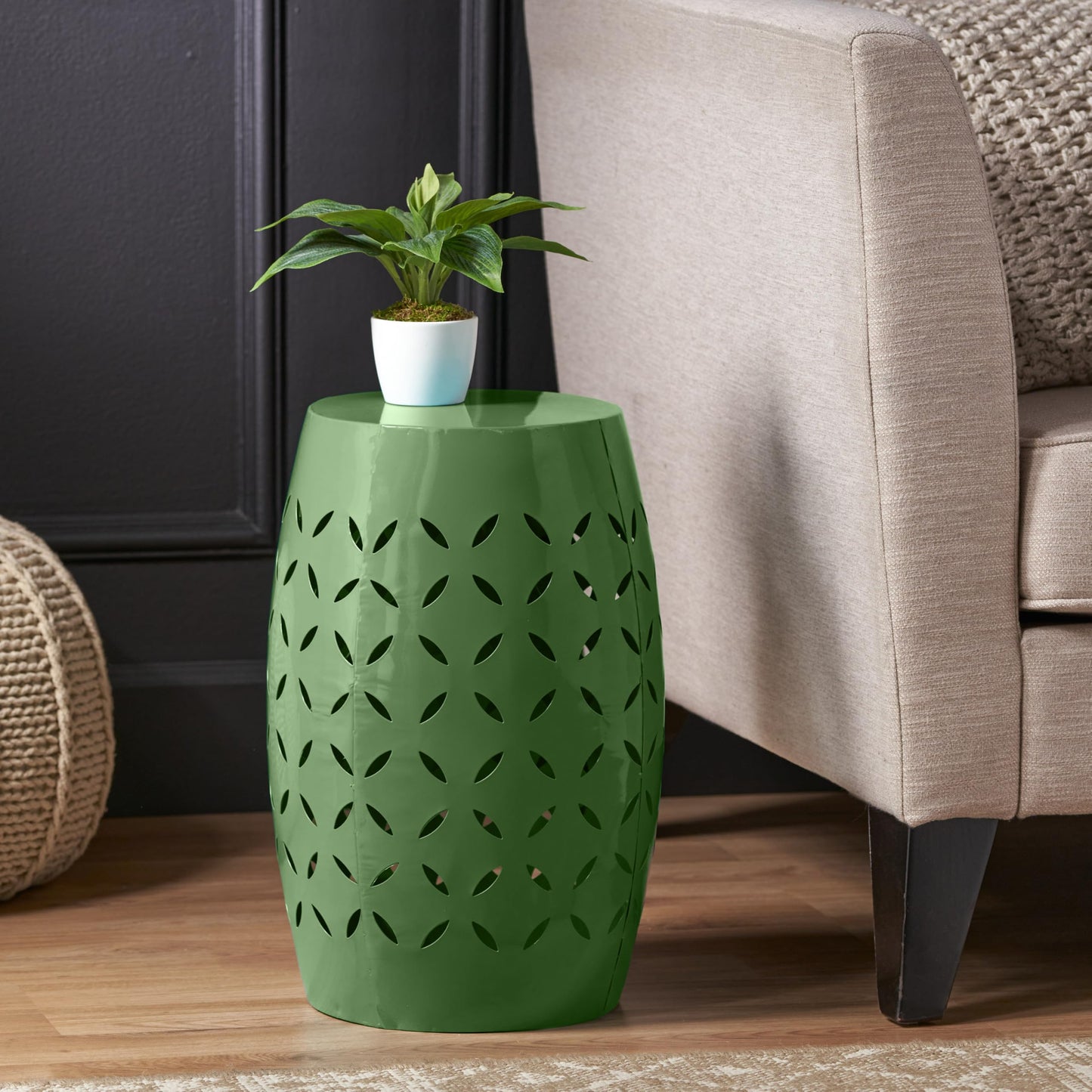 Christopher Knight Home Hayon 17.75'' Small Outdoor Side Table, Metal Outdoor Stool, Lace Cut Iron End Table, Hollow Drum Round Side Table, Decorative Garden Stool with Cutout Design, Green