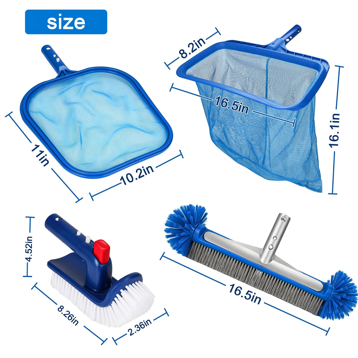 Ahomdoo Pool Cleaning Kit Professional Heavy Duty Leaf Skimmer Net, Deep Bag Rake & Wall Scrubber Brush, 4-Piece Pool Cleaning Equipment Set for Above Ground & Inground Pools (Pole Not Included)