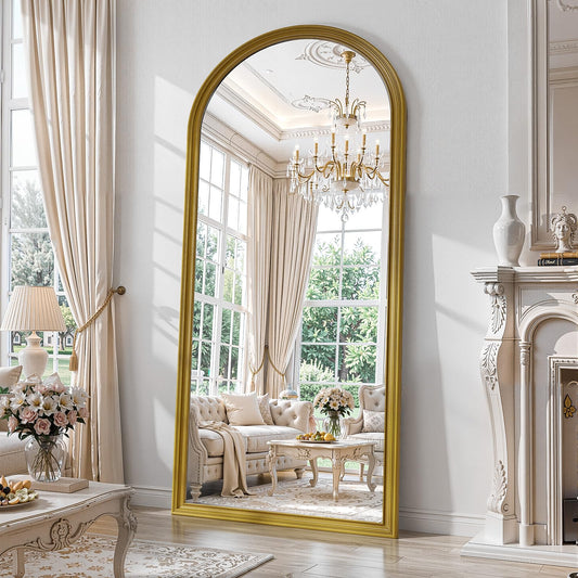 71"x32" Elegant Vintage Arched Full Length Mirror with Stand, Luxury Large Full Body Mirror with Tempered Glass, Leaning Wall Mount Floor Standing Mirrors for Living Room Bedroom Entryway Outfit Check