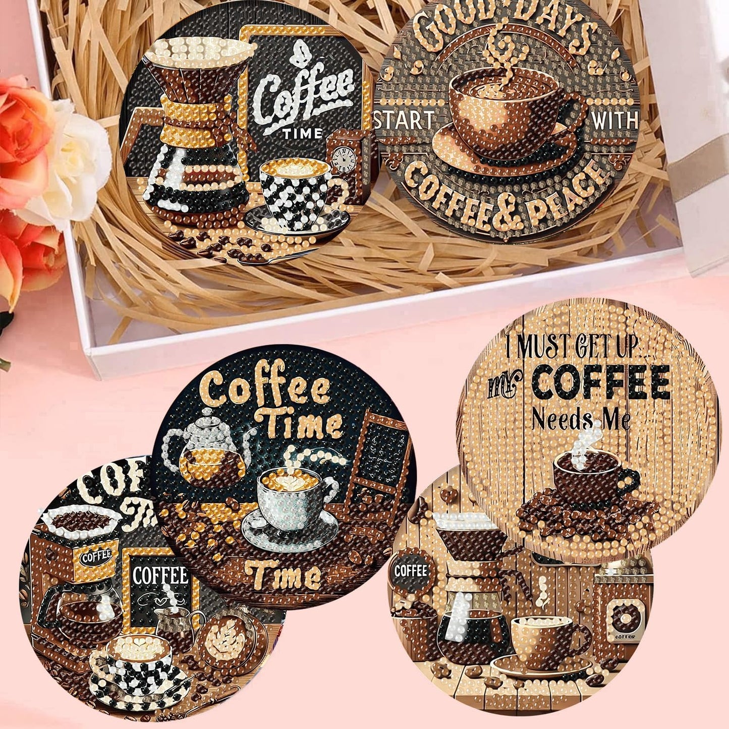 8 Pcs Coffee Diamond Art Coasters Kits, Coffee Diamond Painting Coasters Kit Set with Holder Cork Pads, DIY Diamonds Art Non Slip Coaster Crafts Kits for Adults Beginners Gifts