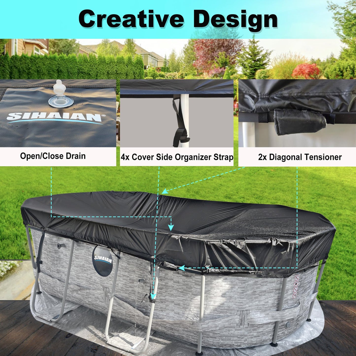 SIHAIAN 10x16Ft Oval Pool Cover with Side Storage for Oval and Rectangular Above Ground Pool, One-Piece Pool Cover, Preventing Waterlogging, UV and Weather Resistant WP:10000kPa+