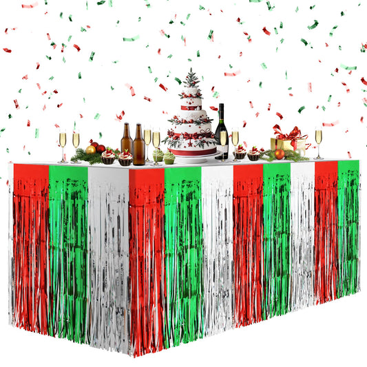 2 Pack Christmas Table Skirts, 29x108" Red & Silver & Green Metallic Foil Tinsel Fringe Table Skirts for Rectangle Tables Streamer Curtain Backdrop, Party Decoration for Xmas Birthday Wedding Holiday